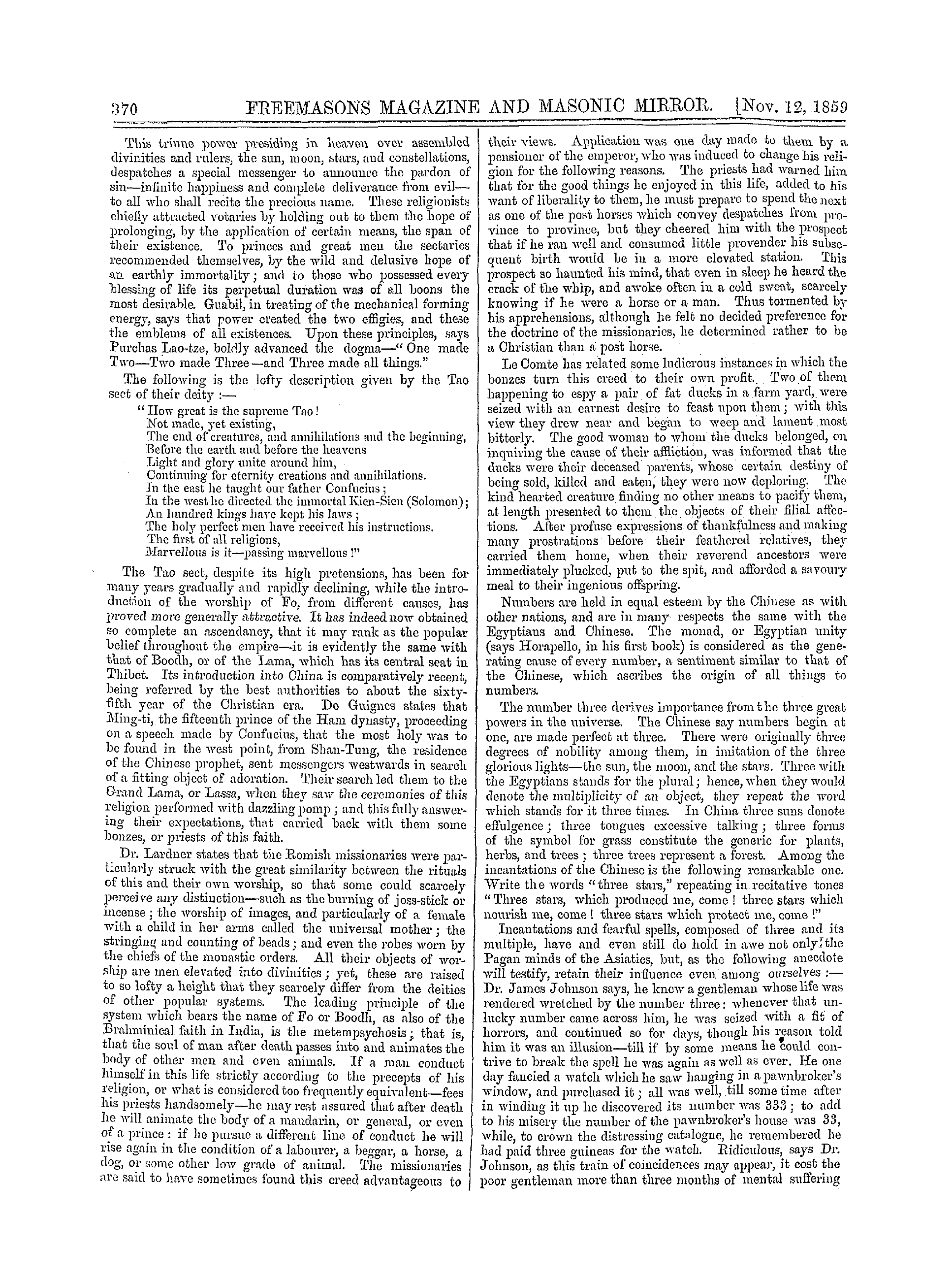 The Freemasons' Monthly Magazine: 1859-11-12 - Literature.