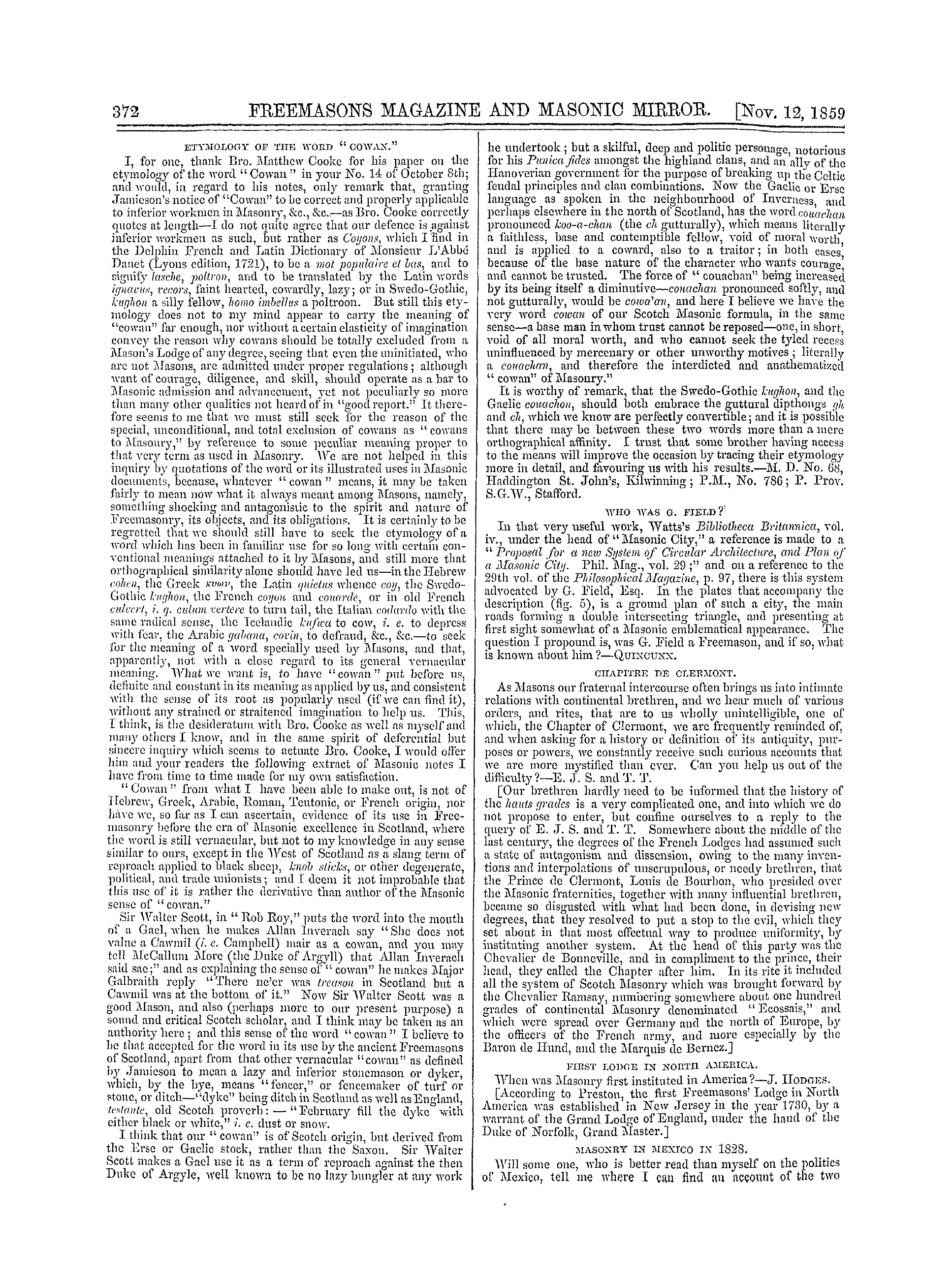 The Freemasons' Monthly Magazine: 1859-11-12 - Masonic Notes And Queries.