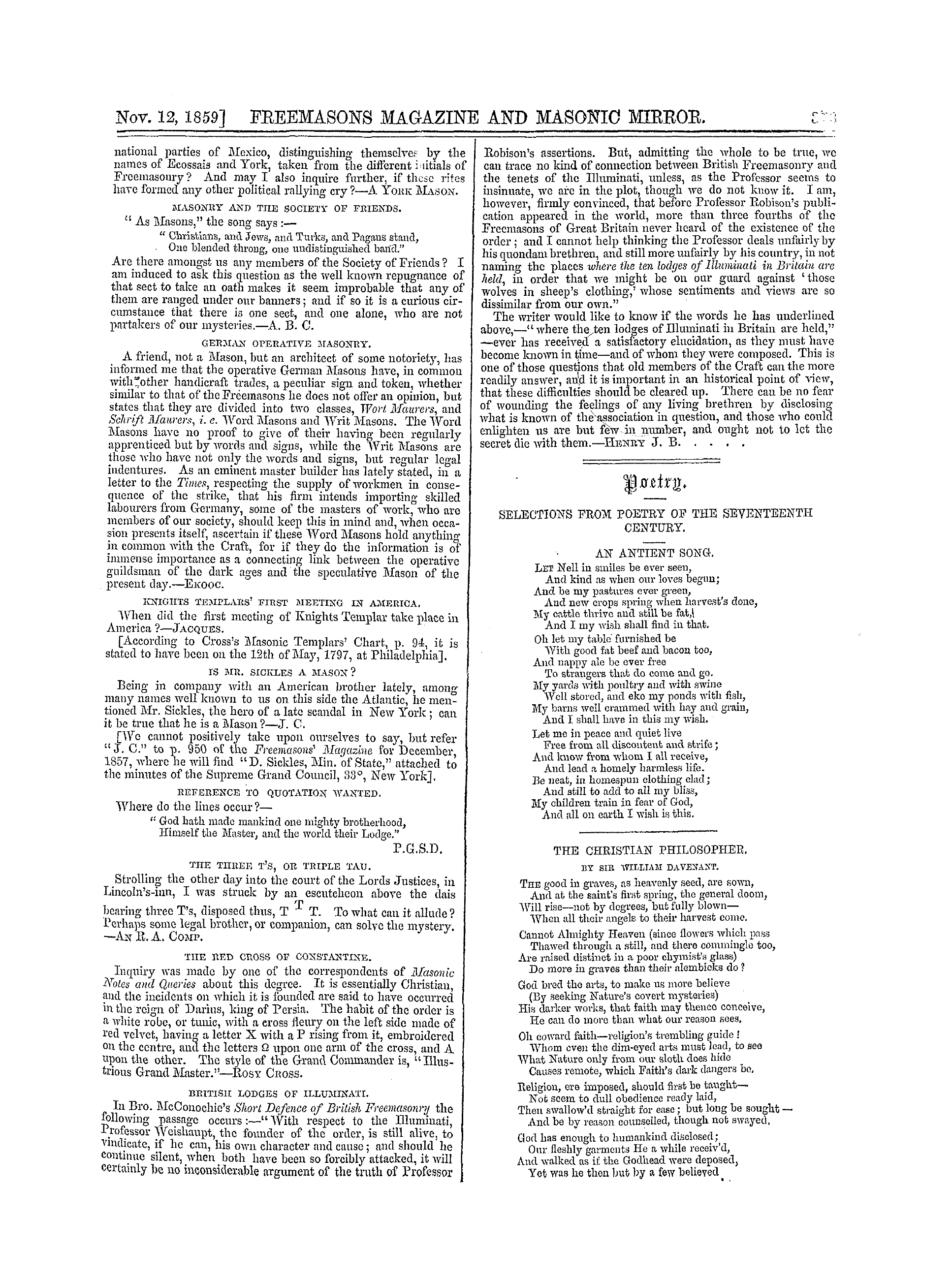 The Freemasons' Monthly Magazine: 1859-11-12 - Masonic Notes And Queries.