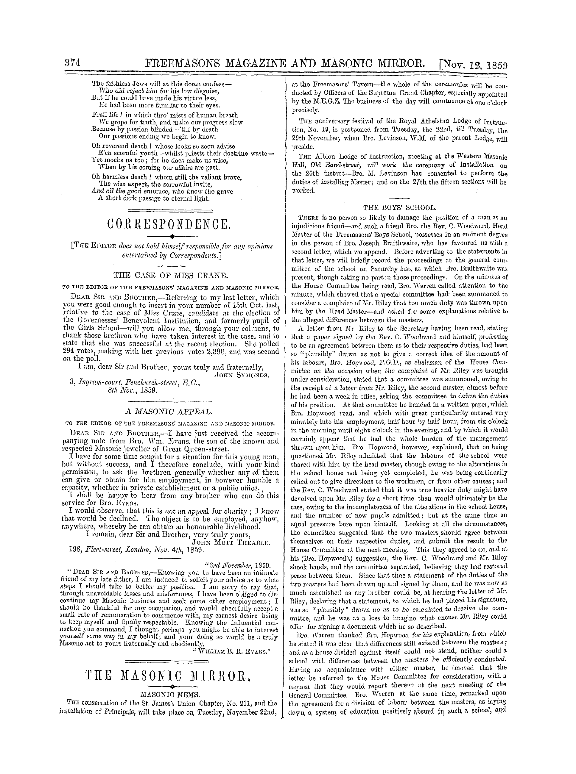 The Freemasons' Monthly Magazine: 1859-11-12 - The Masonic Mirror.