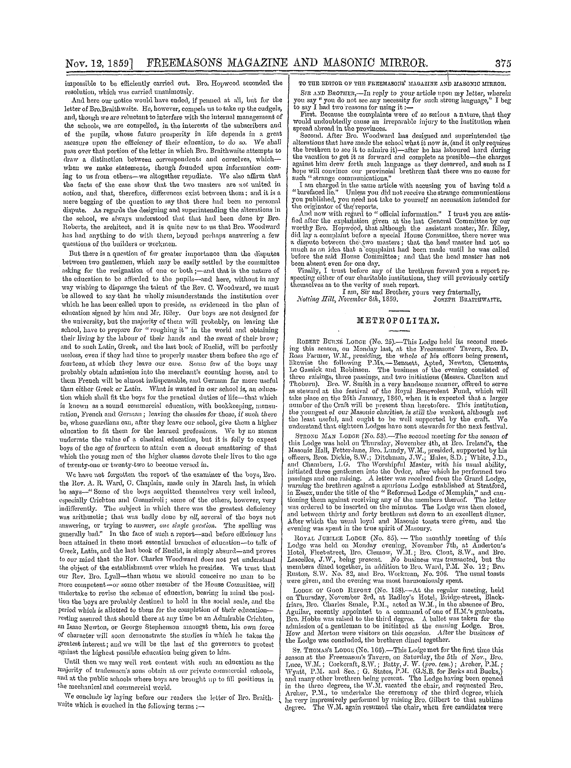 The Freemasons' Monthly Magazine: 1859-11-12 - The Masonic Mirror.