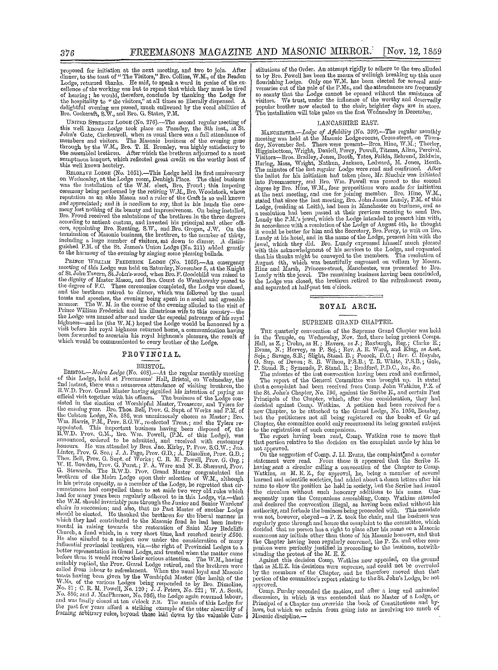 The Freemasons' Monthly Magazine: 1859-11-12 - The Masonic Mirror.