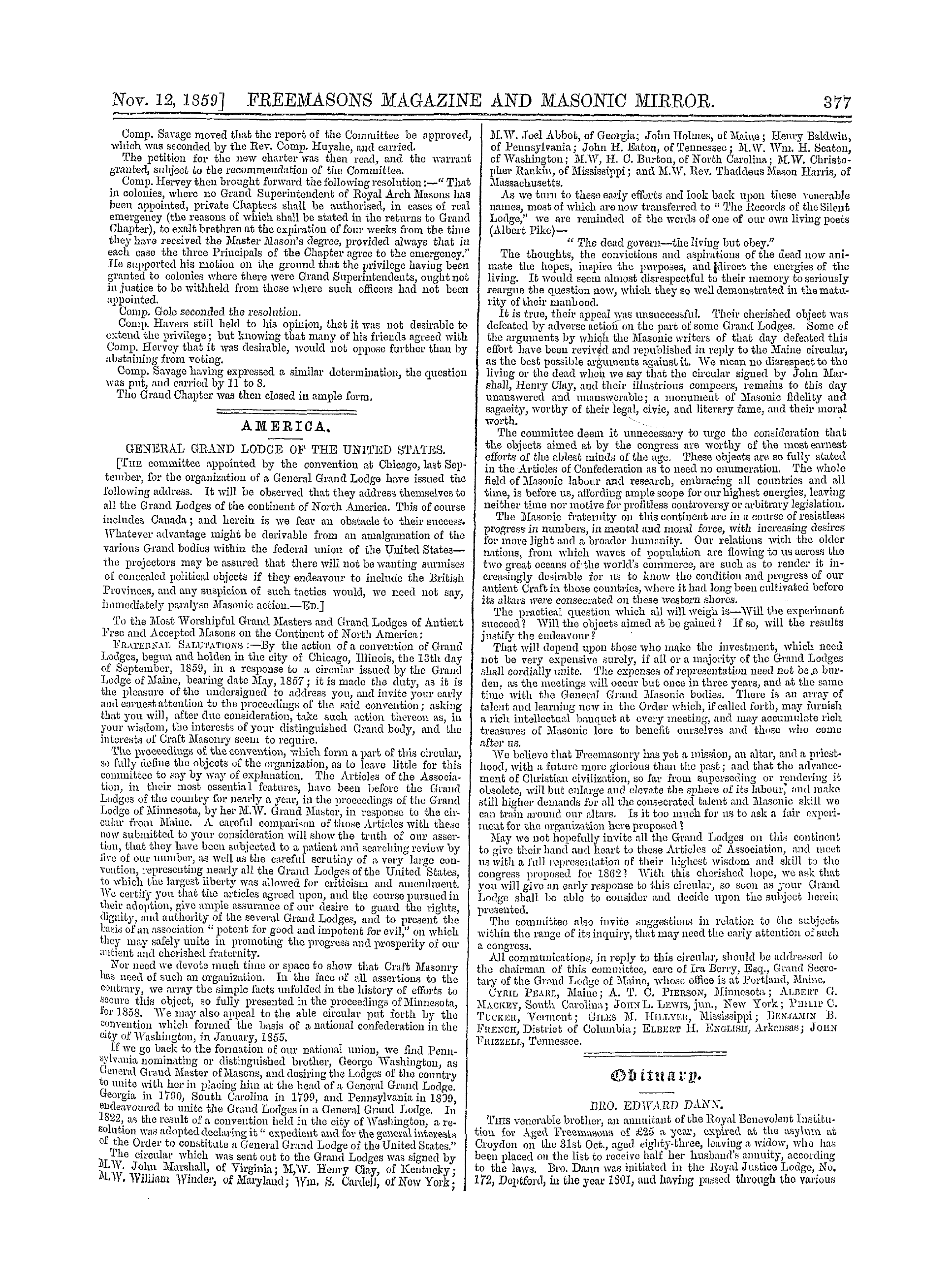 The Freemasons' Monthly Magazine: 1859-11-12 - Obituary.