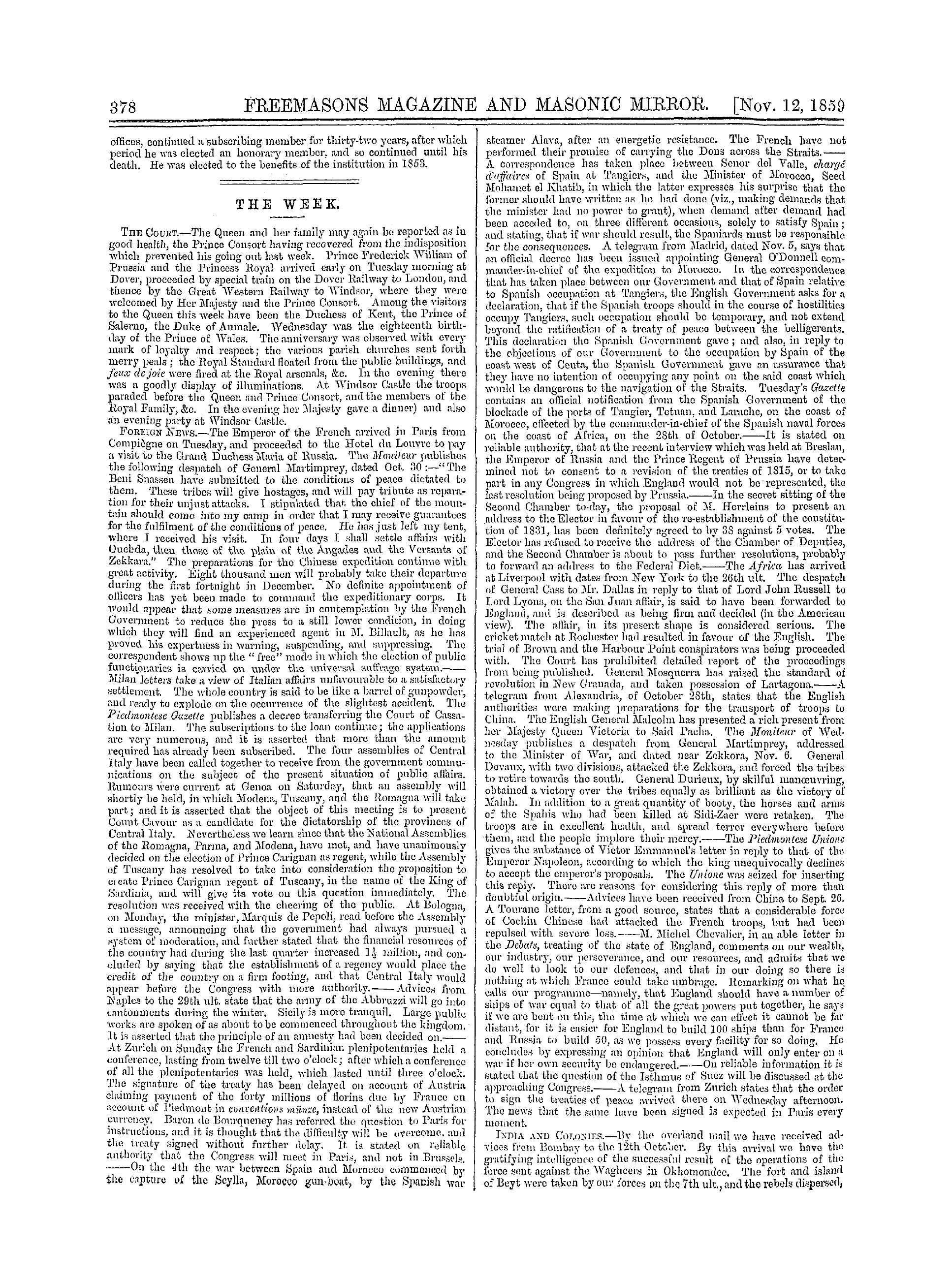 The Freemasons' Monthly Magazine: 1859-11-12 - Obituary.