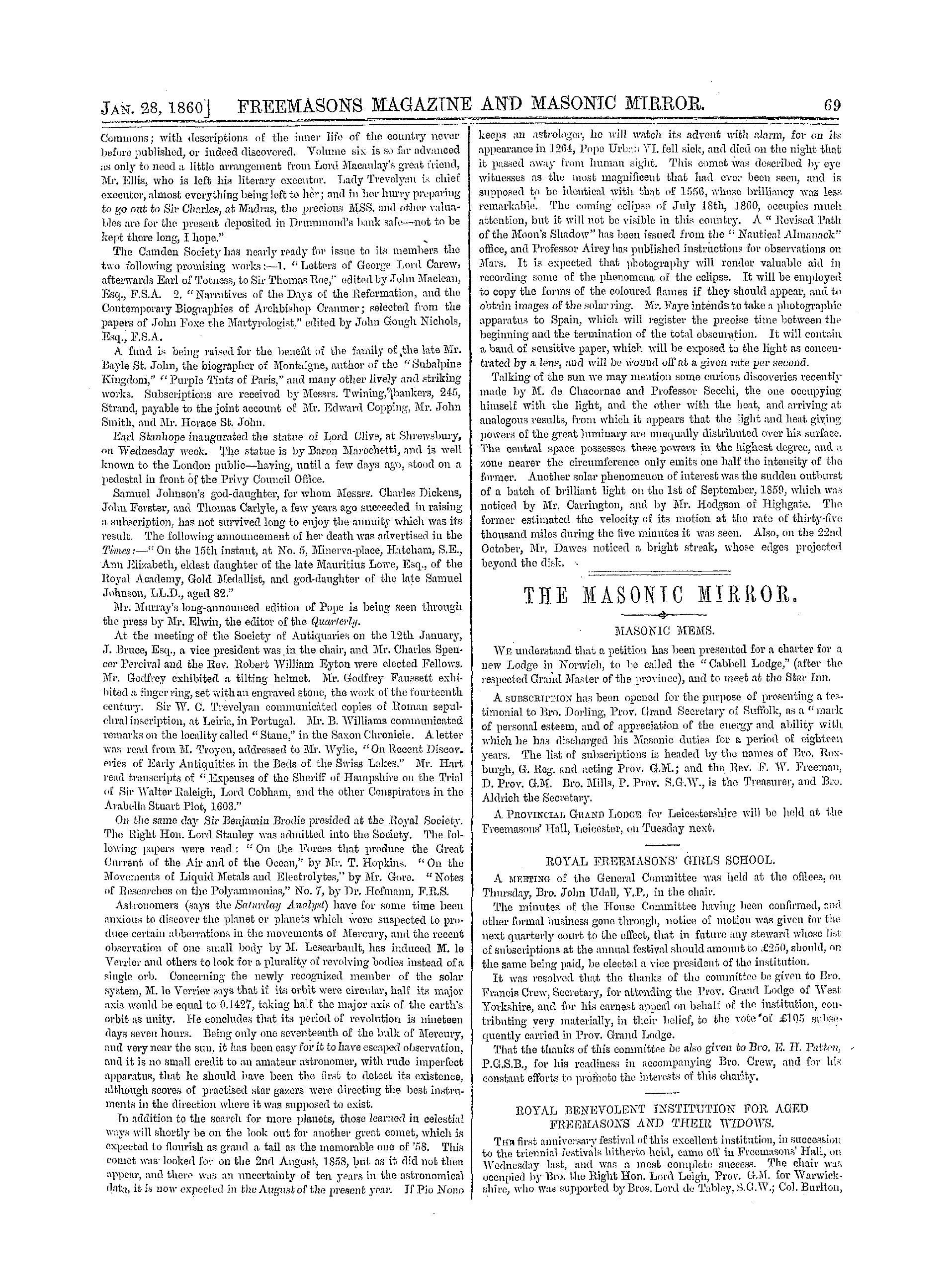 The Freemasons' Monthly Magazine: 1860-01-28 - The Masonic Mirror.