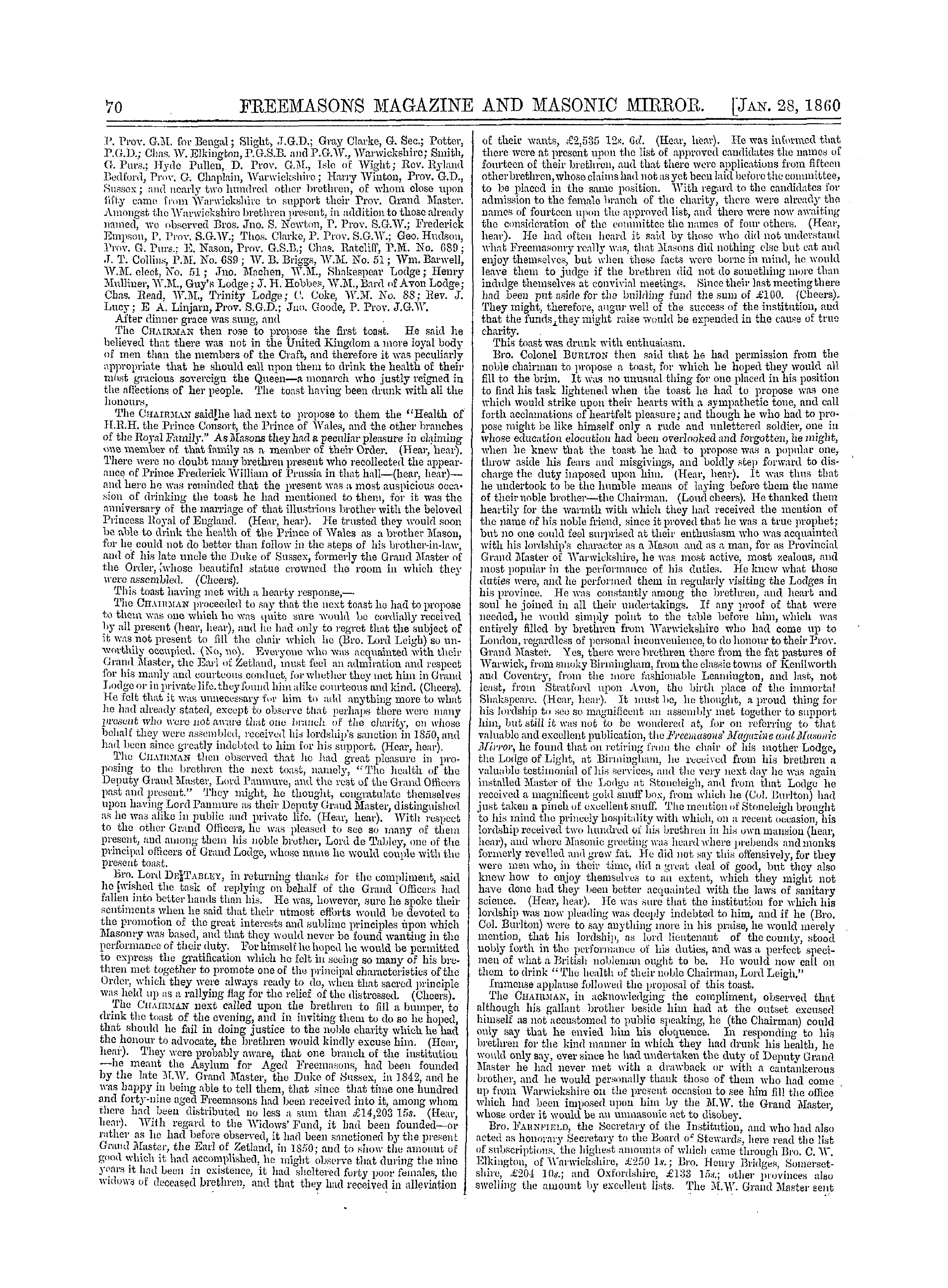 The Freemasons' Monthly Magazine: 1860-01-28 - The Masonic Mirror.