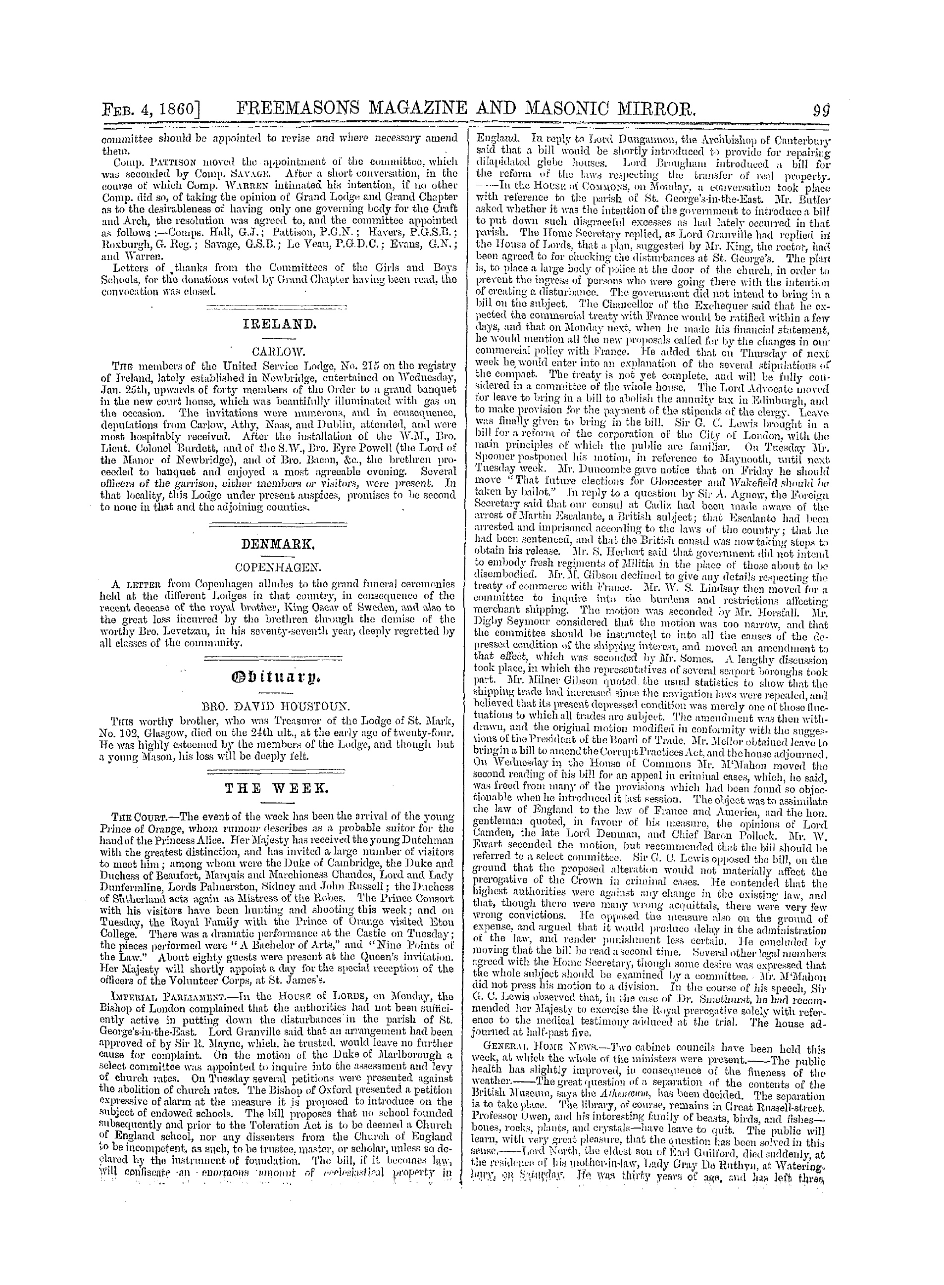 The Freemasons' Monthly Magazine: 1860-02-04 - The Week.