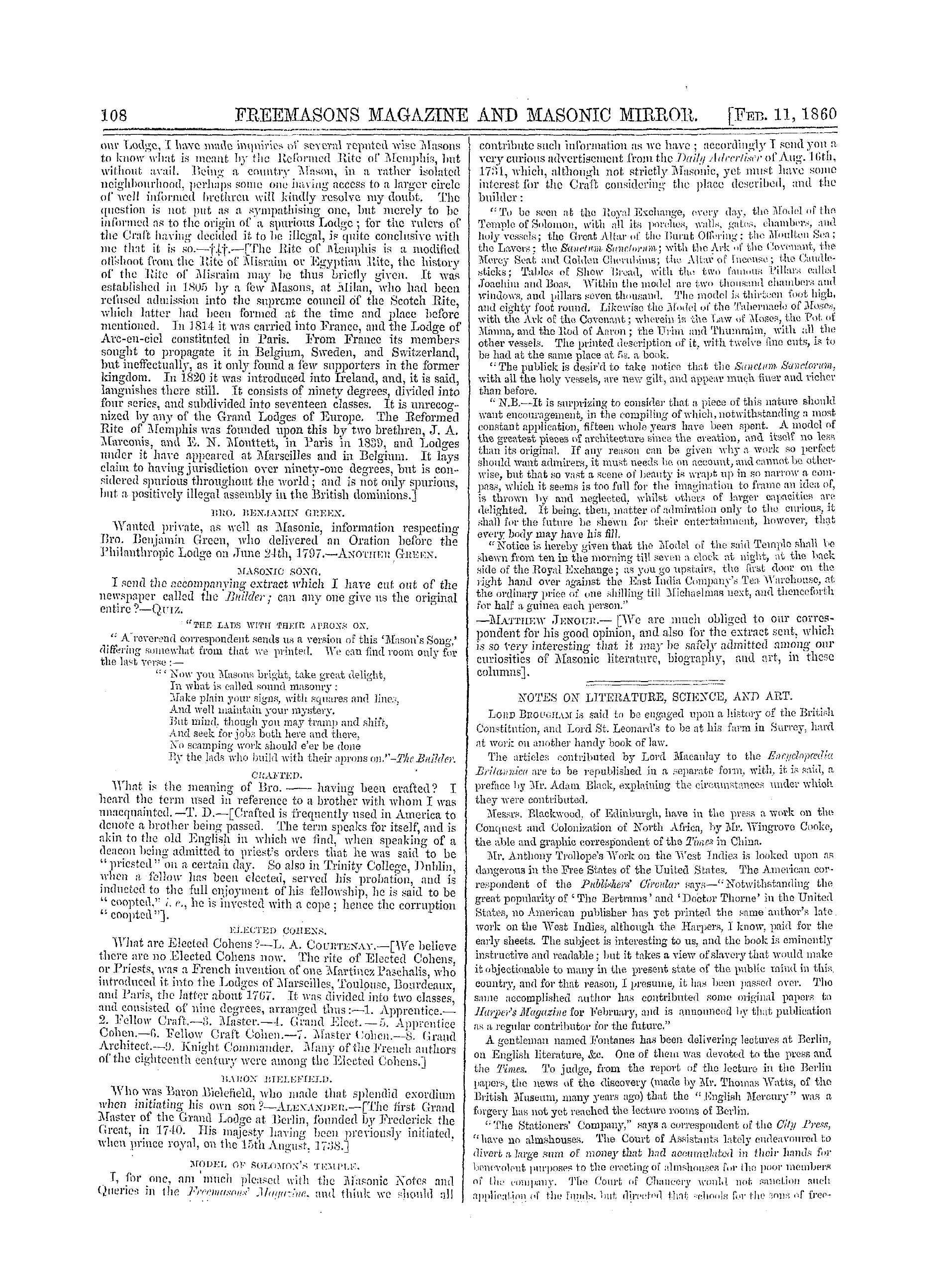 The Freemasons' Monthly Magazine: 1860-02-11: 8