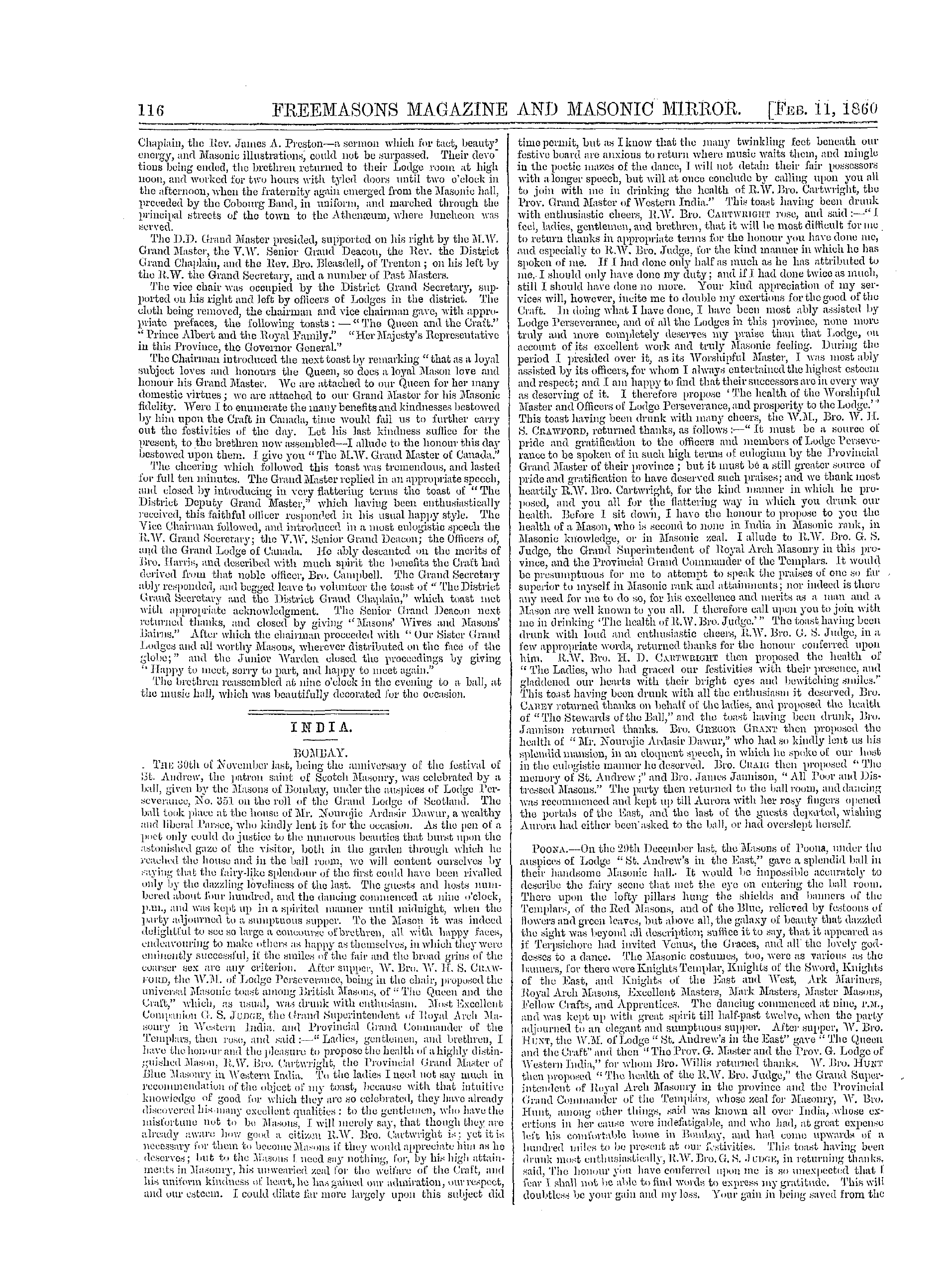 The Freemasons' Monthly Magazine: 1860-02-11 - India.