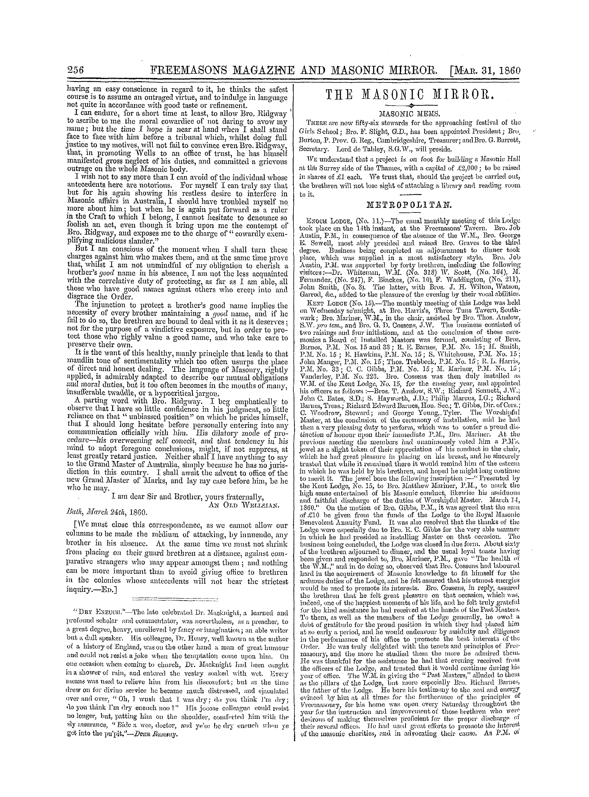 The Freemasons' Monthly Magazine: 1860-03-31 - Metropolitan.