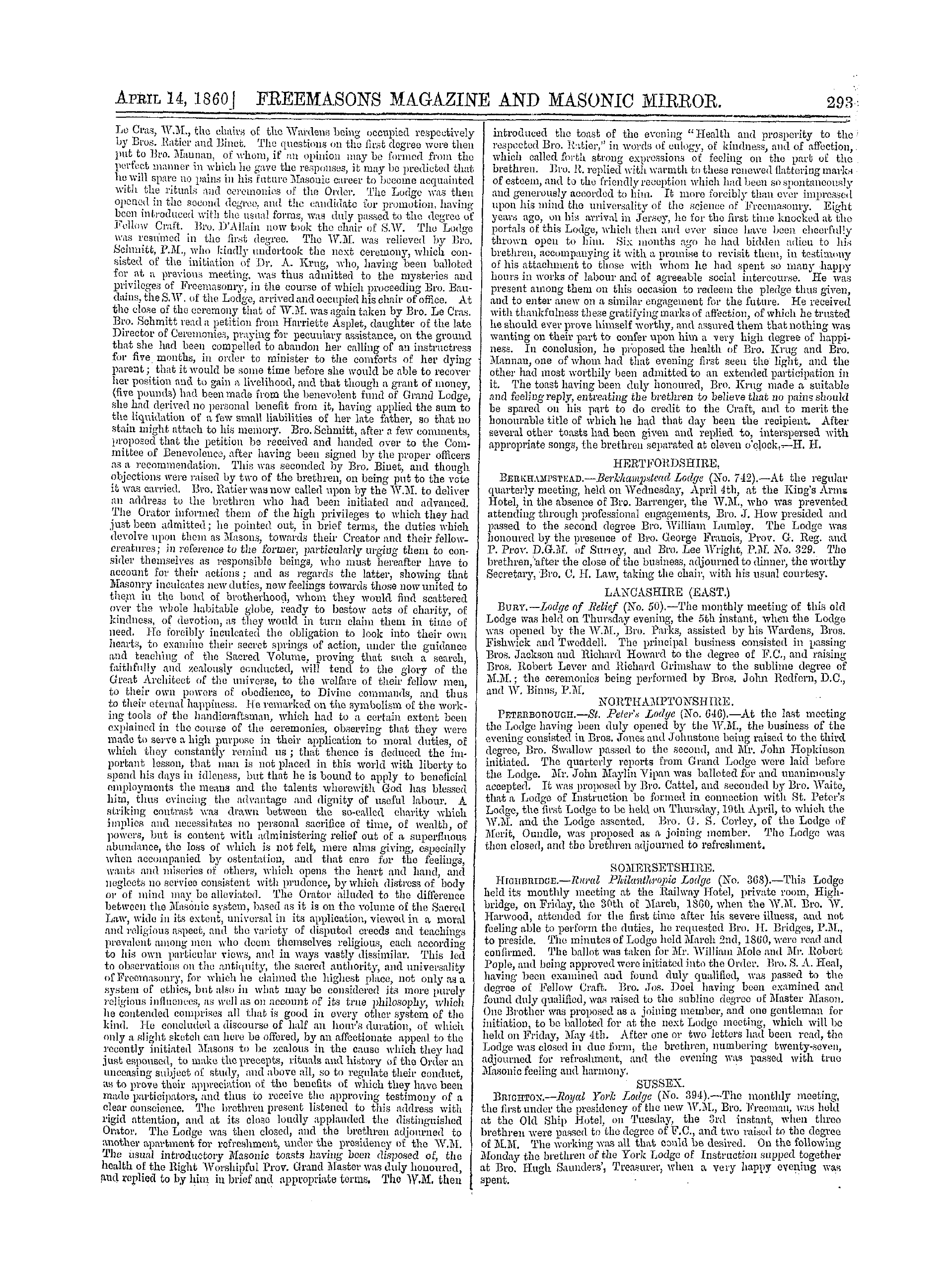 The Freemasons' Monthly Magazine: 1860-04-14 - Provincial.