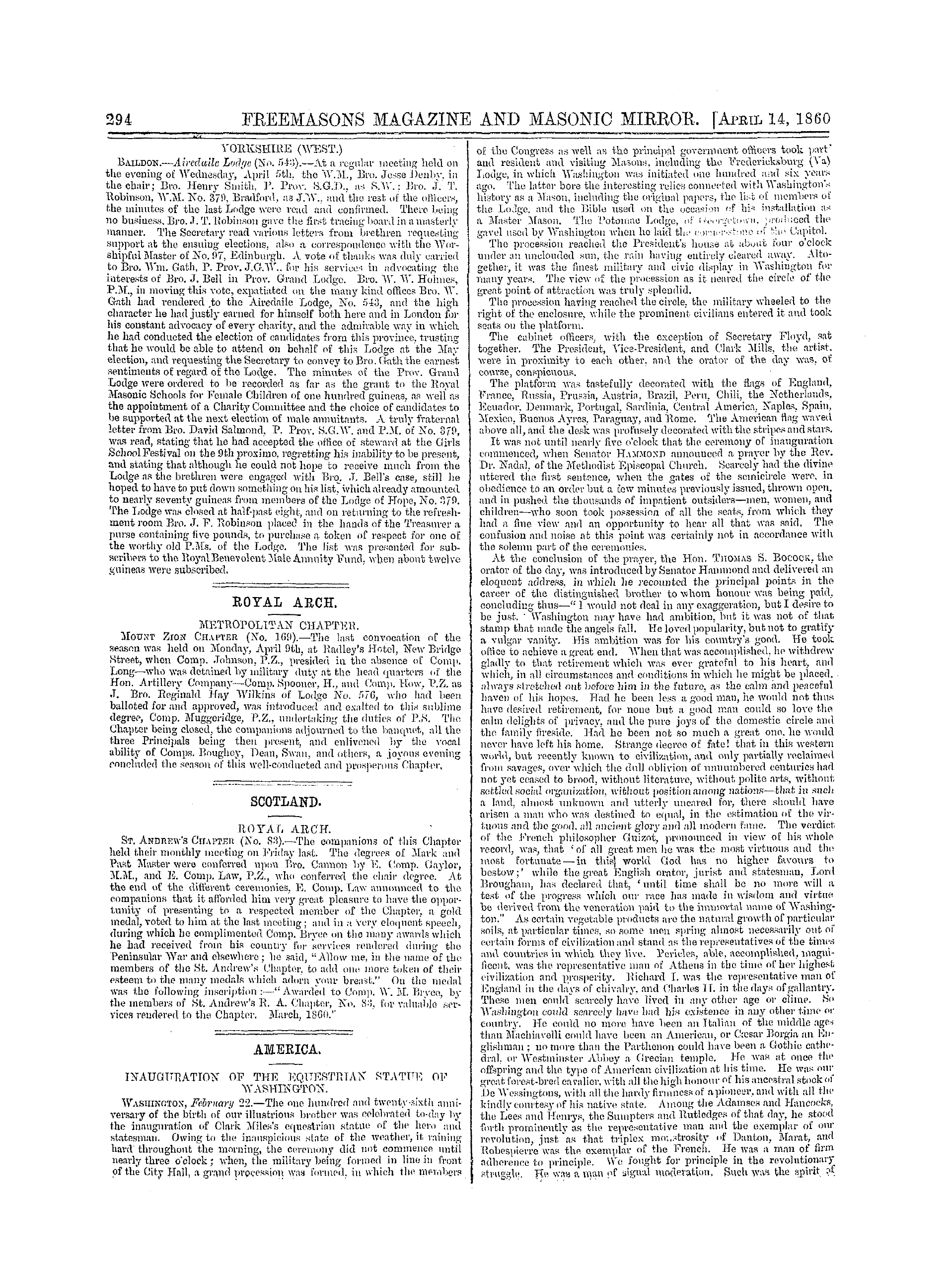 The Freemasons' Monthly Magazine: 1860-04-14 - America.