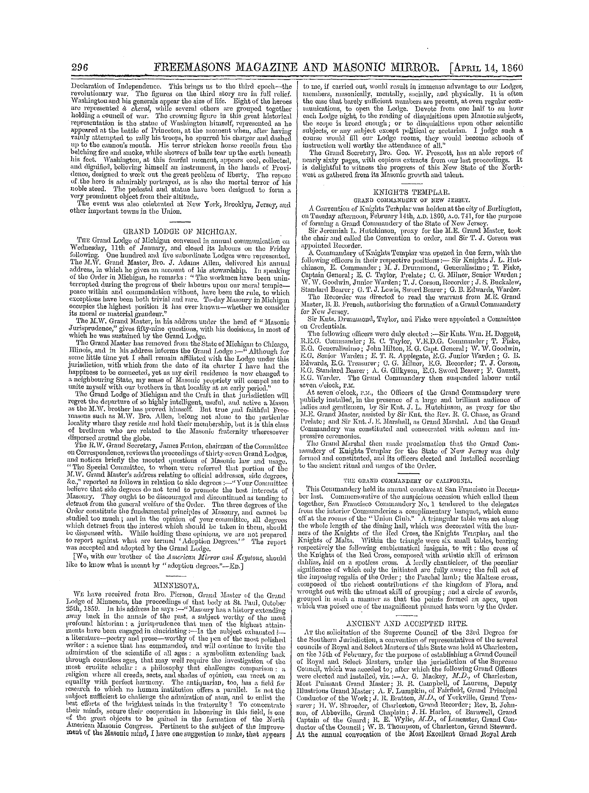 The Freemasons' Monthly Magazine: 1860-04-14 - America.