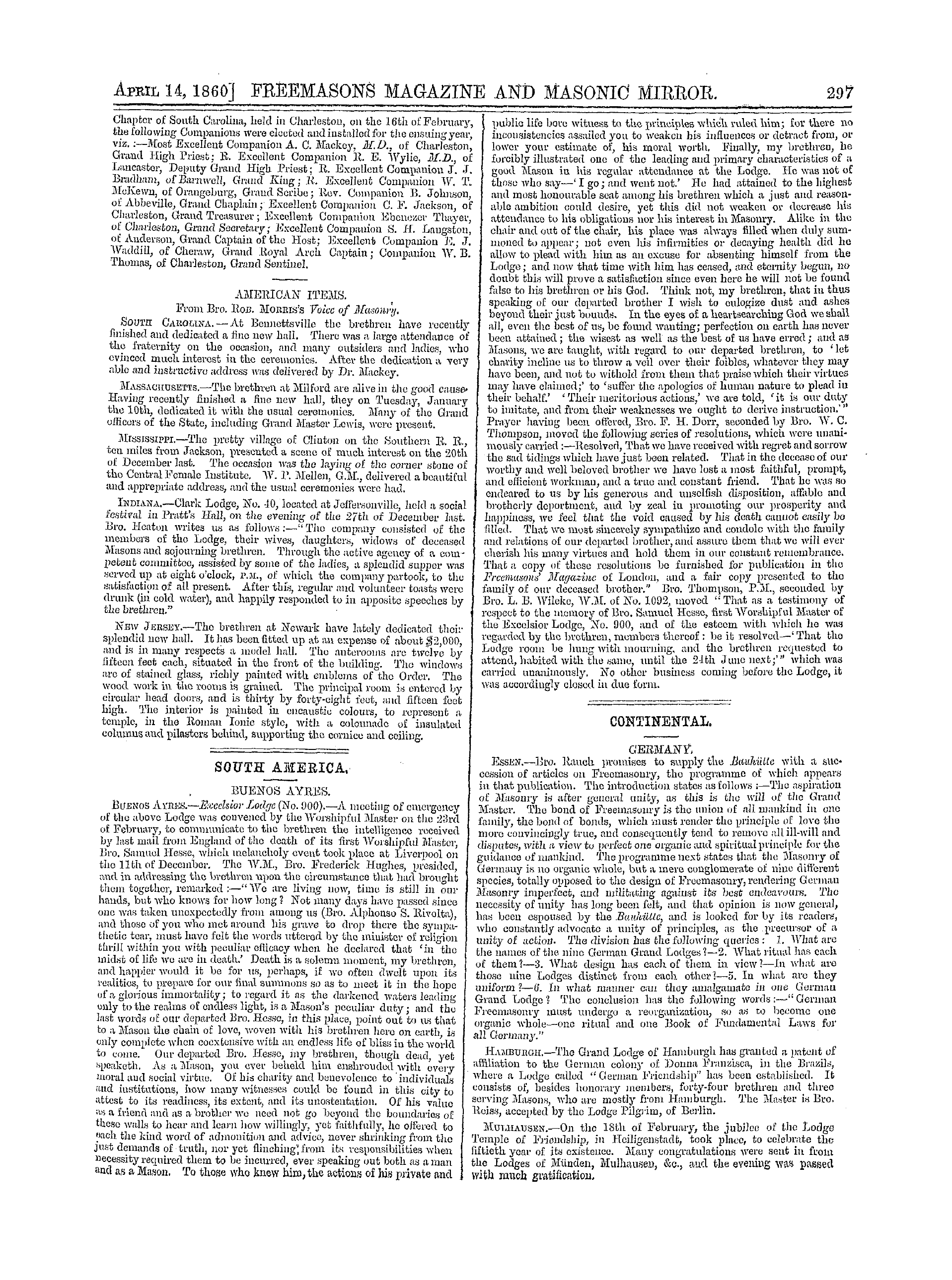 The Freemasons' Monthly Magazine: 1860-04-14 - America.