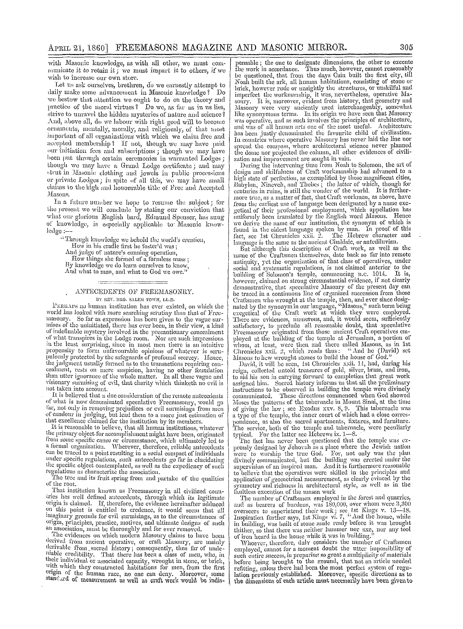 The Freemasons' Monthly Magazine: 1860-04-21 - Cursory Remarks On Freemasonry—Iv.