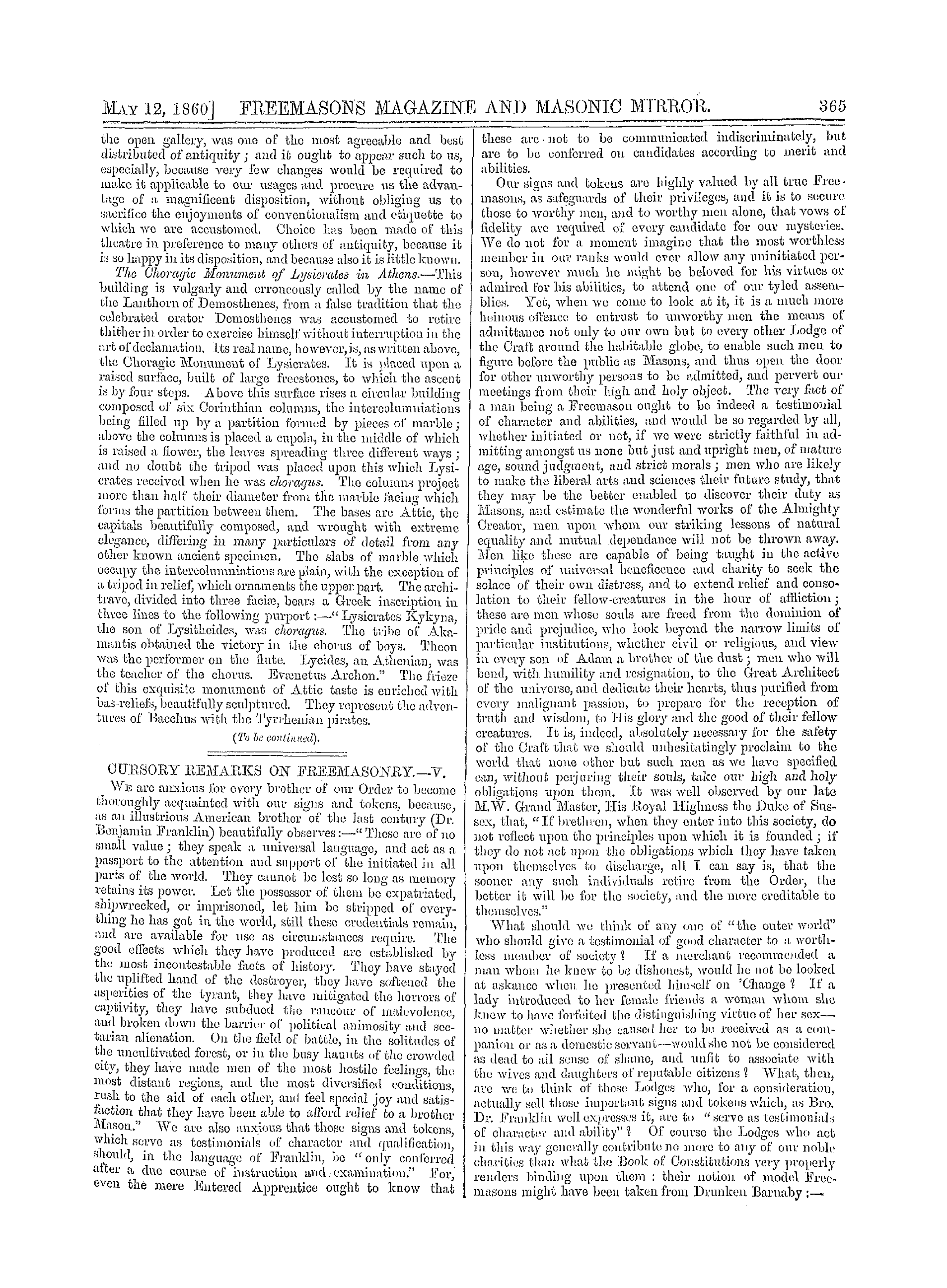 The Freemasons' Monthly Magazine: 1860-05-12 - Cursory Remarks On Freemasonry. —V.