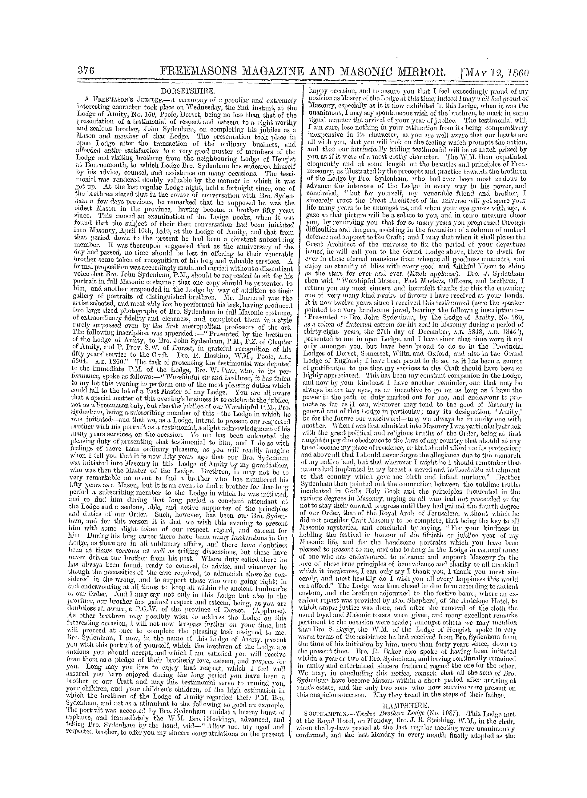 The Freemasons' Monthly Magazine: 1860-05-12 - Provincial.