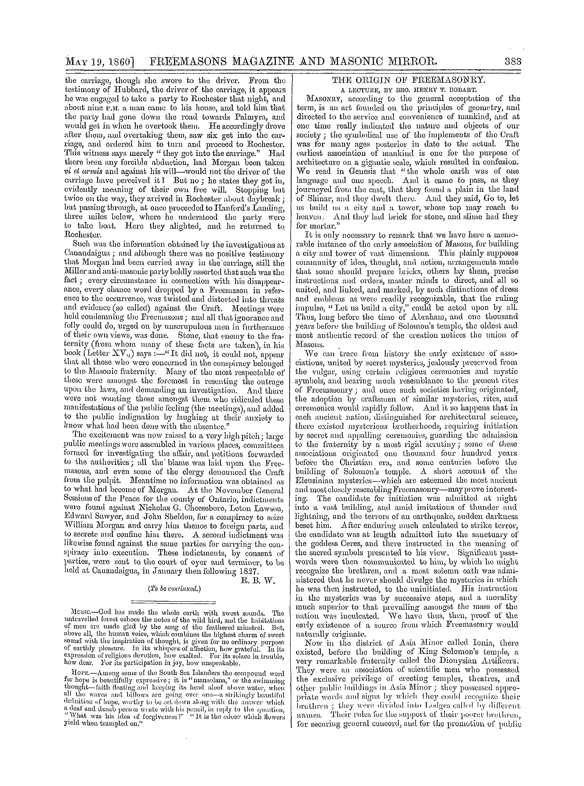 The Freemasons' Monthly Magazine: 1860-05-19 - The Origin Of Freemasonry.