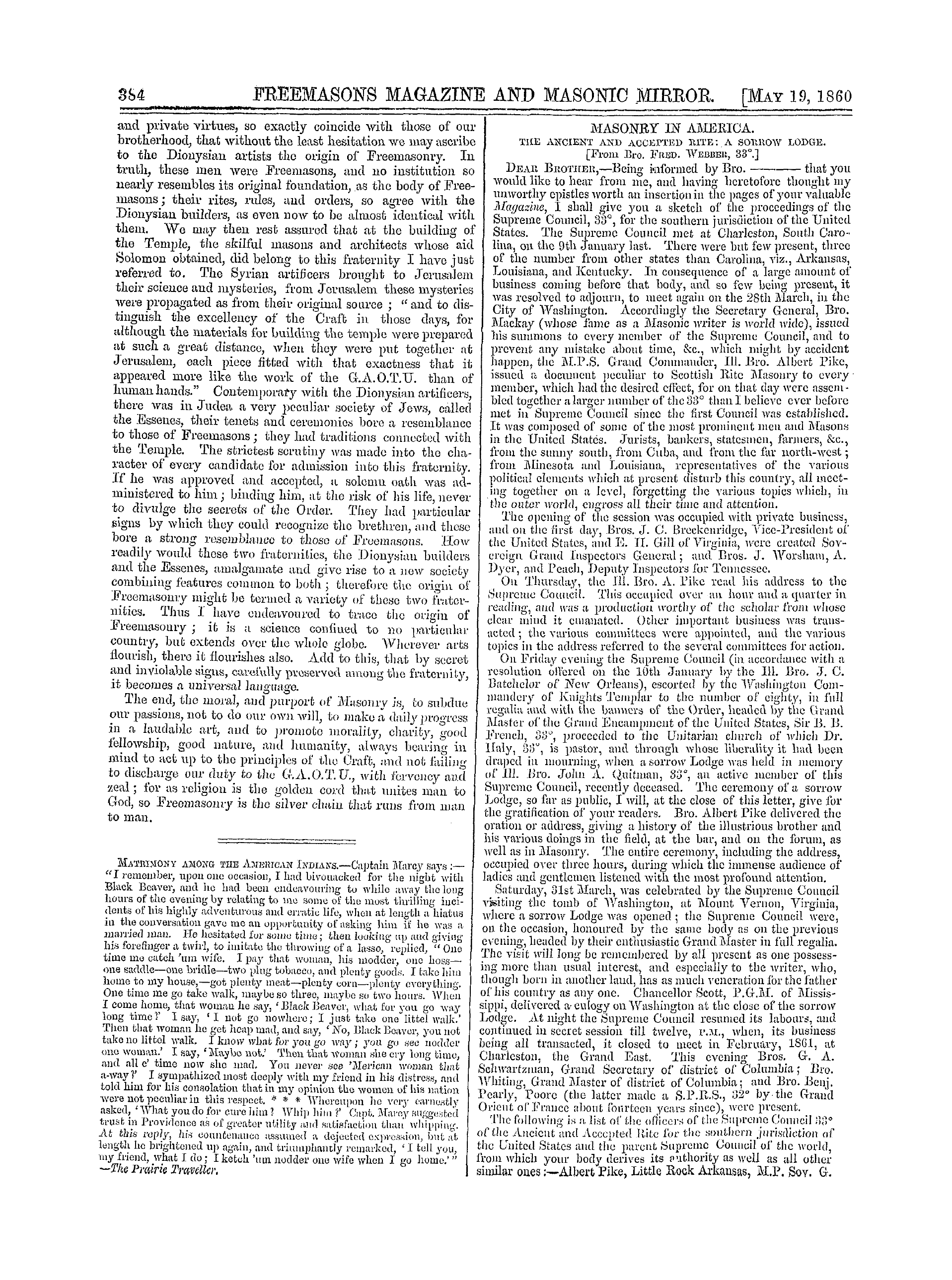 The Freemasons' Monthly Magazine: 1860-05-19 - Masonry In America.