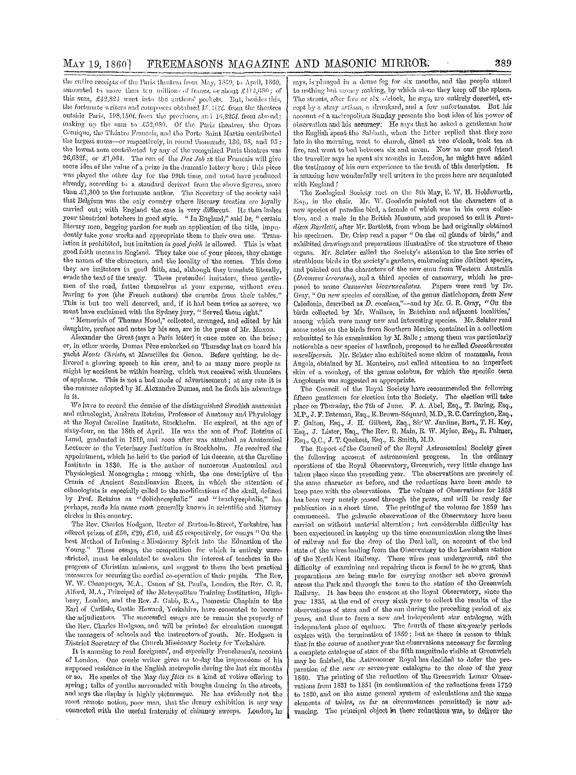 The Freemasons' Monthly Magazine: 1860-05-19 - Literature.