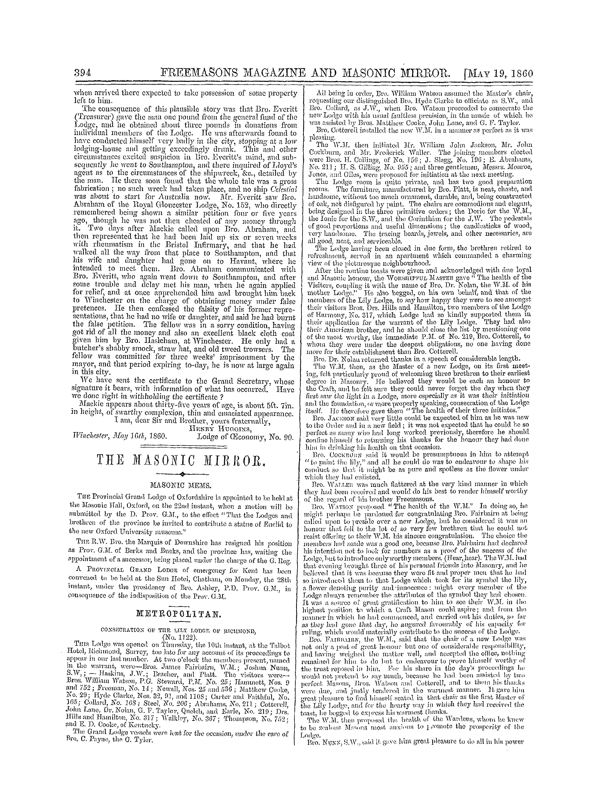 The Freemasons' Monthly Magazine: 1860-05-19 - An Impostor.