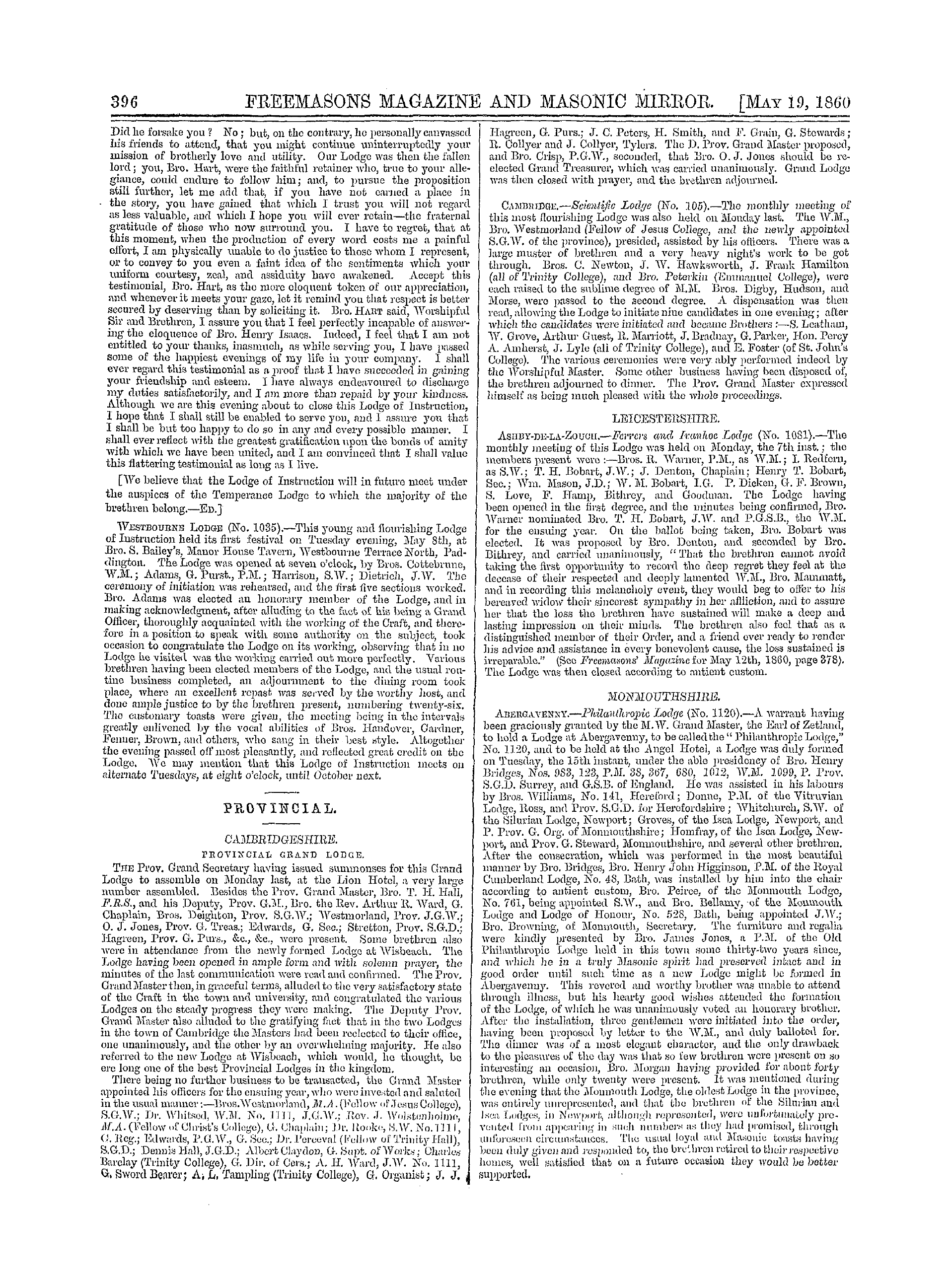 The Freemasons' Monthly Magazine: 1860-05-19 - Metropolitan.