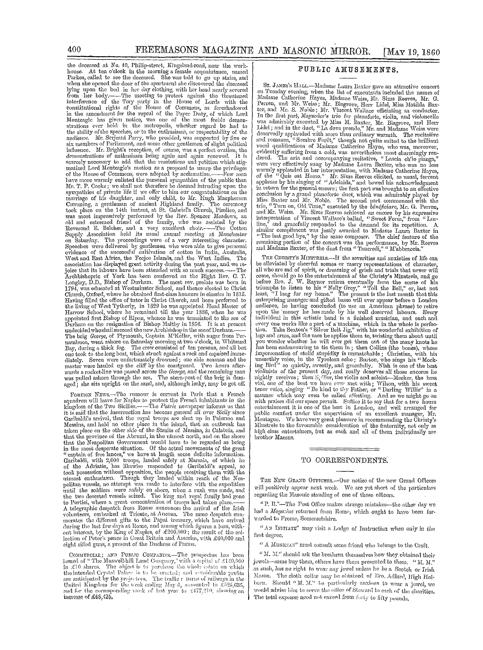 The Freemasons' Monthly Magazine: 1860-05-19 - The Week.