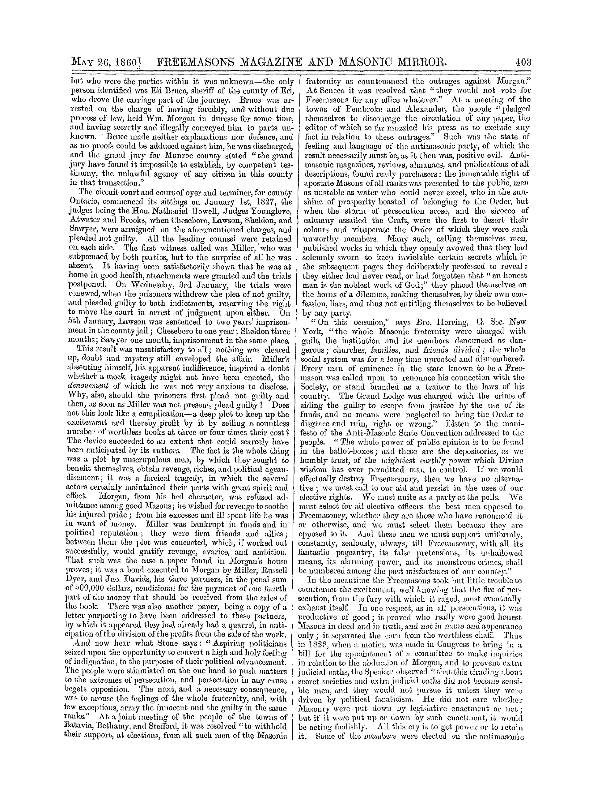 The Freemasons' Monthly Magazine: 1860-05-26 - The Morgan Mystery;