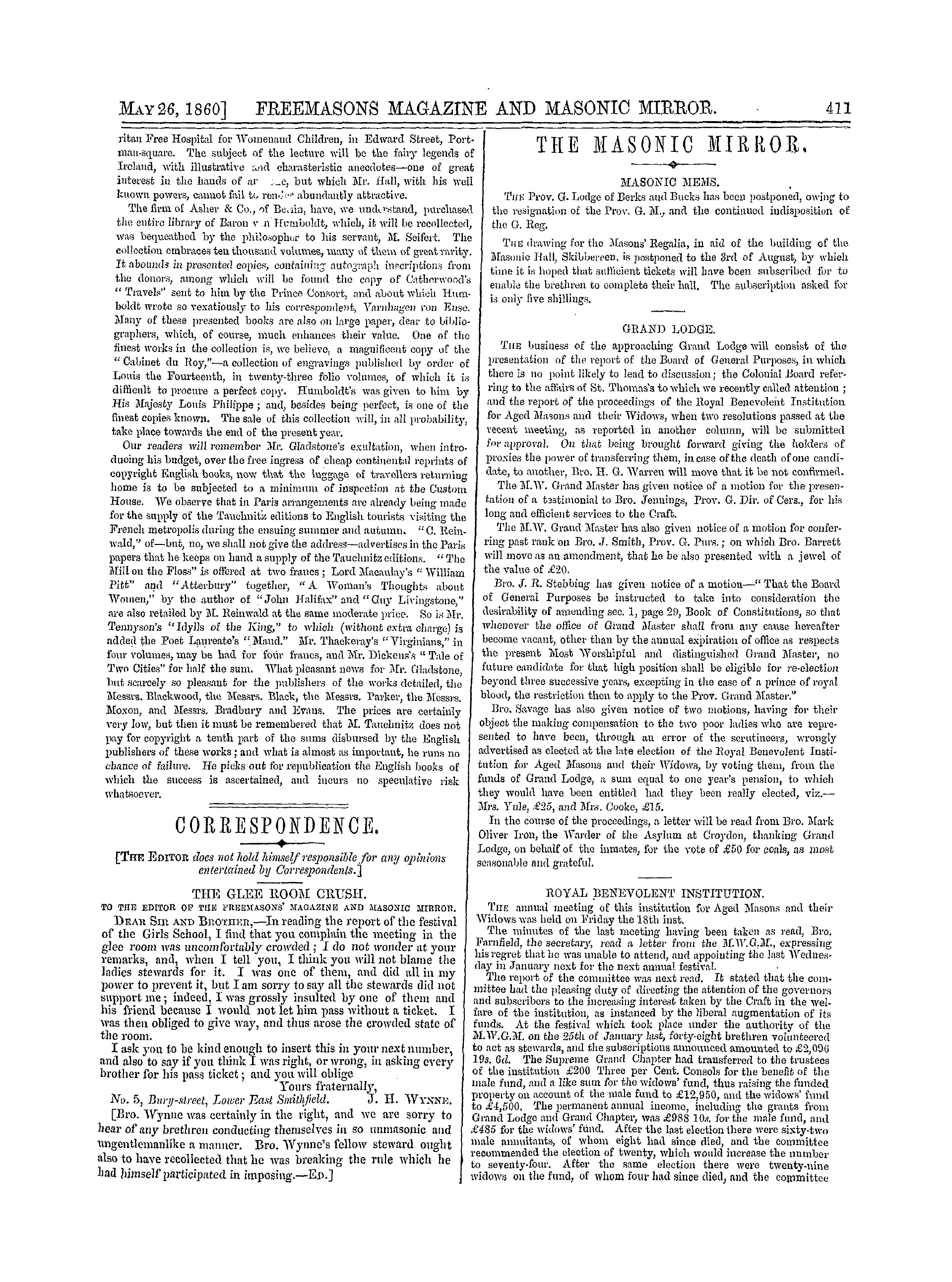 The Freemasons' Monthly Magazine: 1860-05-26 - The Masonic Mirror.