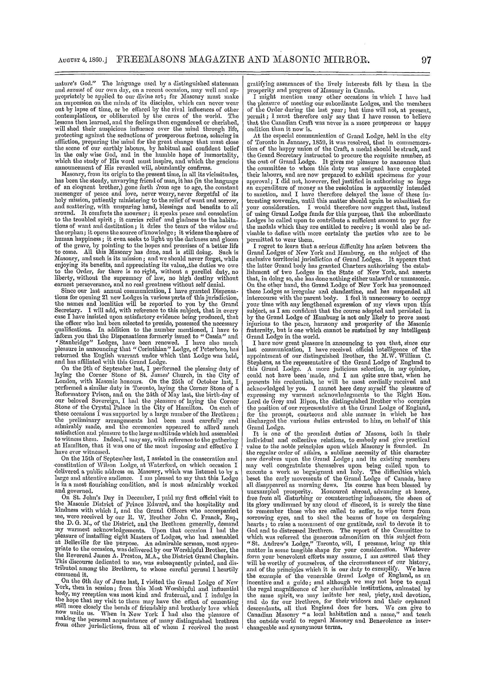 The Freemasons' Monthly Magazine: 1860-08-04 - Canada.