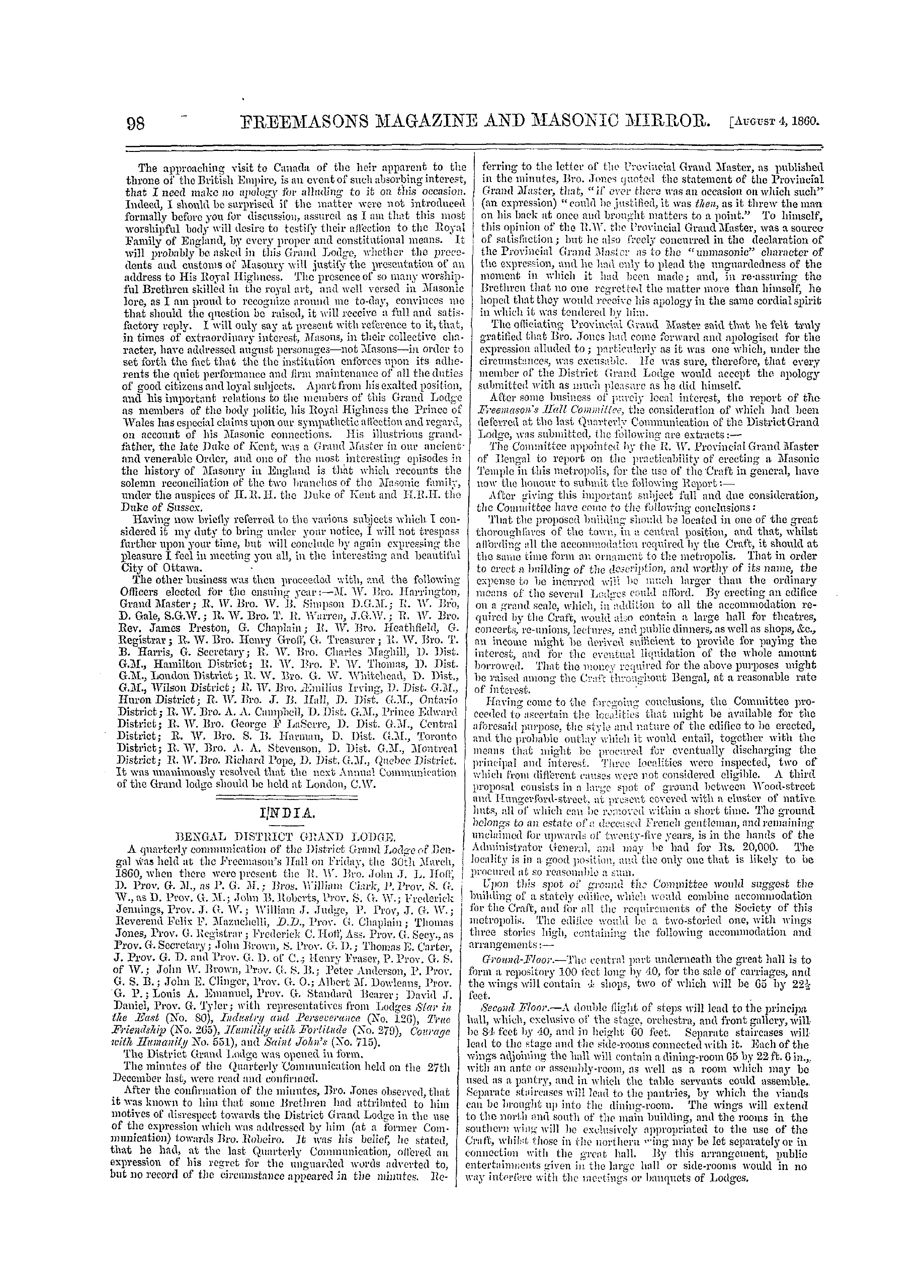 The Freemasons' Monthly Magazine: 1860-08-04 - Canada.