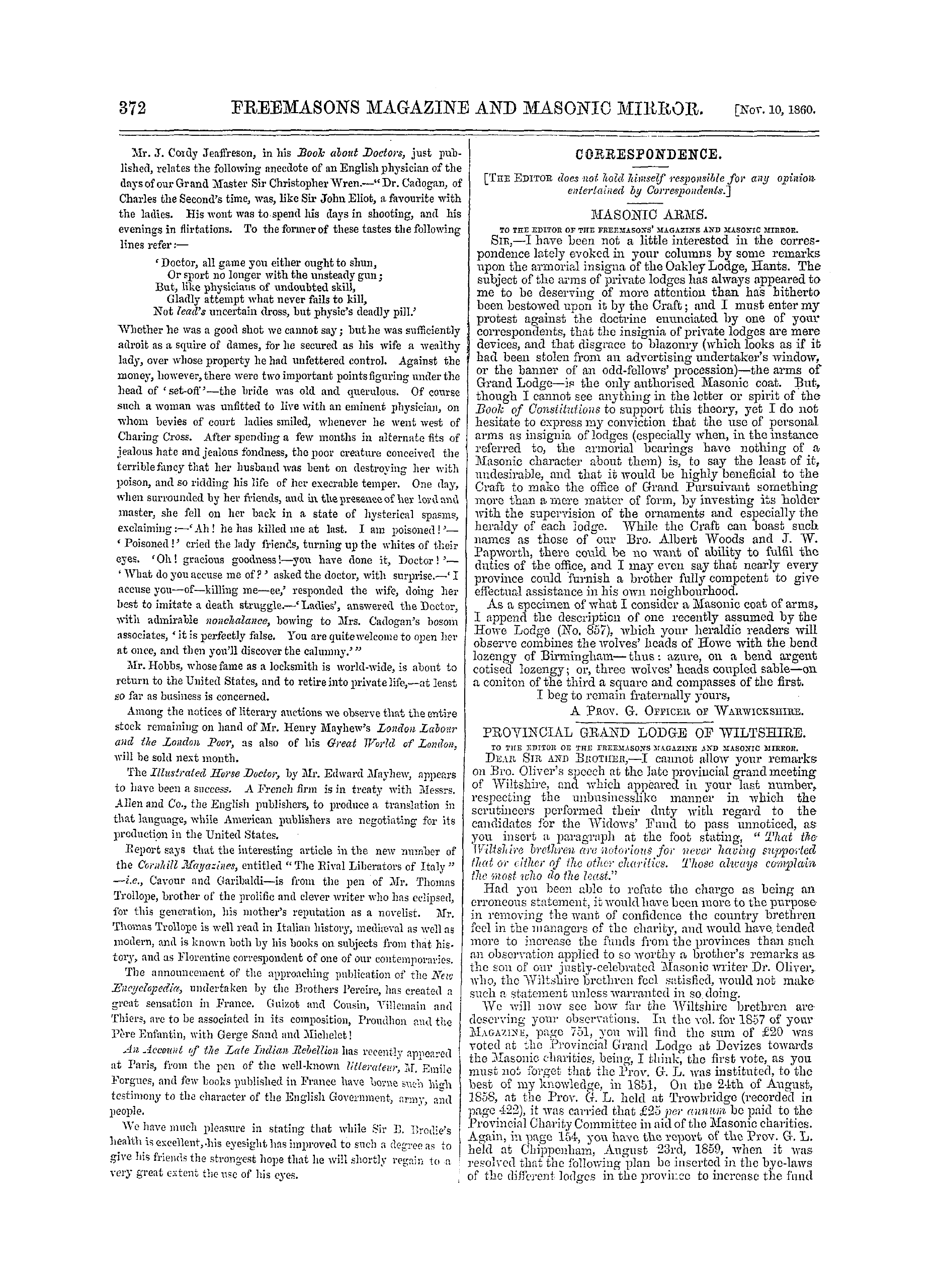 The Freemasons' Monthly Magazine: 1860-11-10 - Provincial Grand Lodge Of Wiltshire.