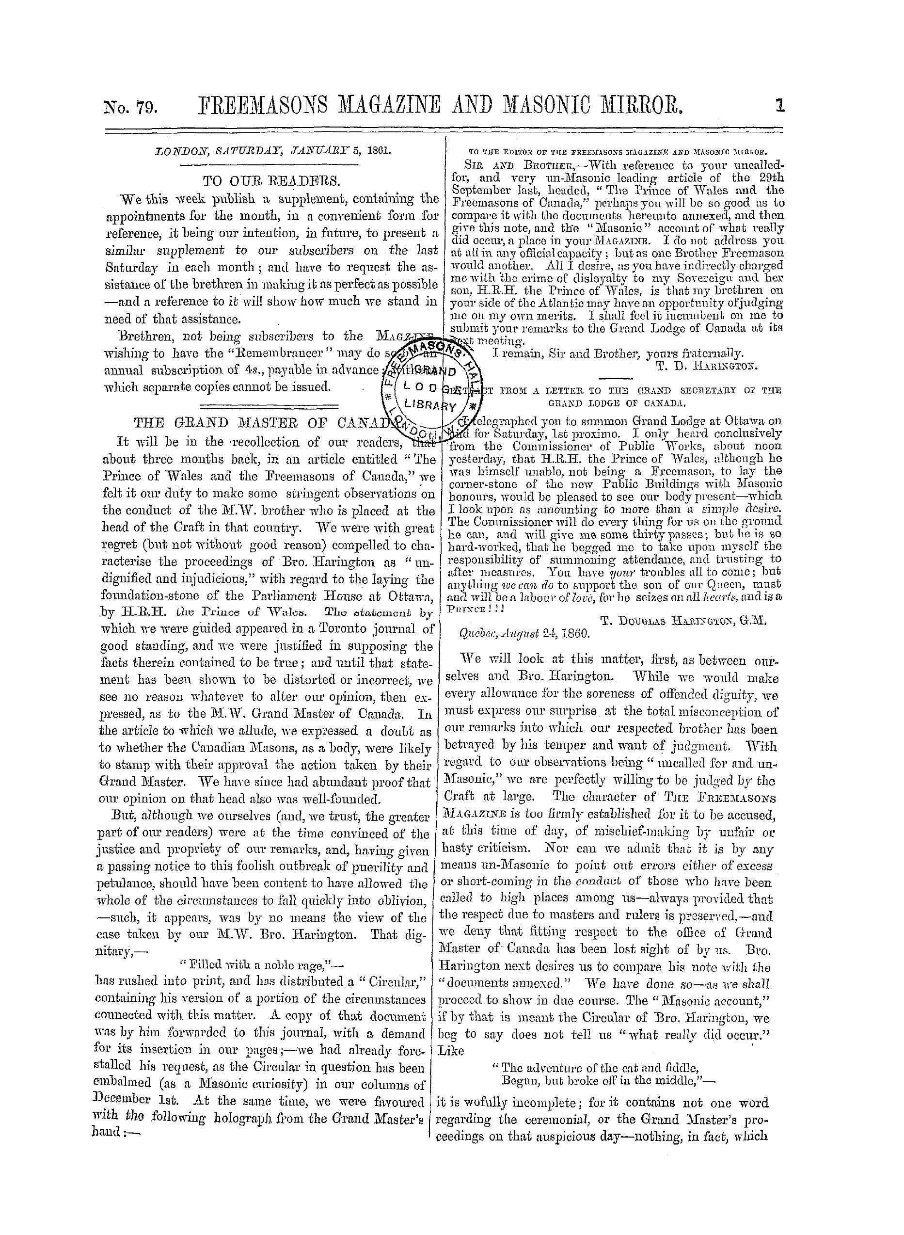 The Freemasons' Monthly Magazine: 1861-01-05 - The Grand Master Of Canada.