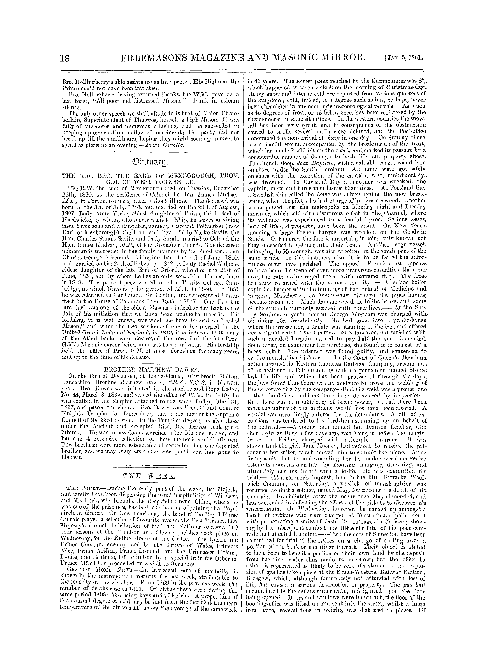 The Freemasons' Monthly Magazine: 1861-01-05 - The Week.