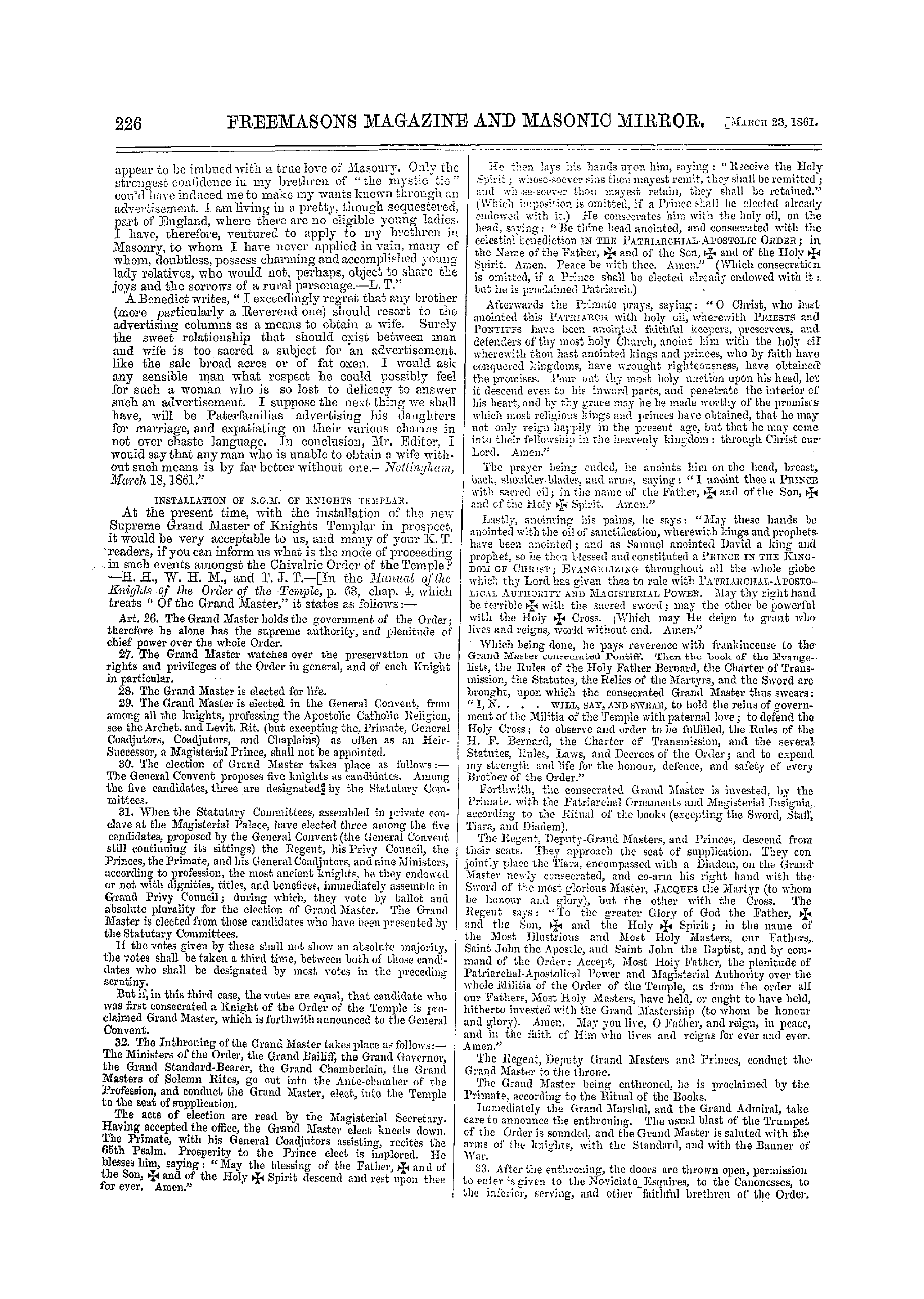 The Freemasons' Monthly Magazine: 1861-03-23 - Masonic Notes And Queries.