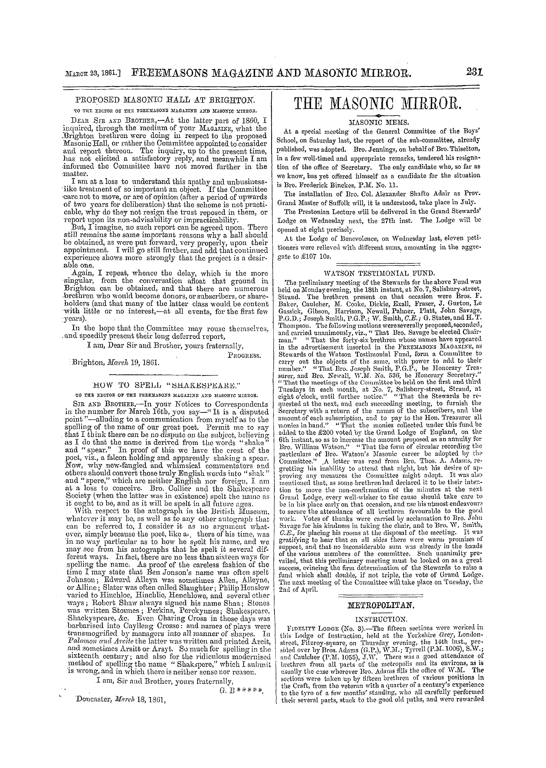 The Freemasons' Monthly Magazine: 1861-03-23 - Metropolitan.