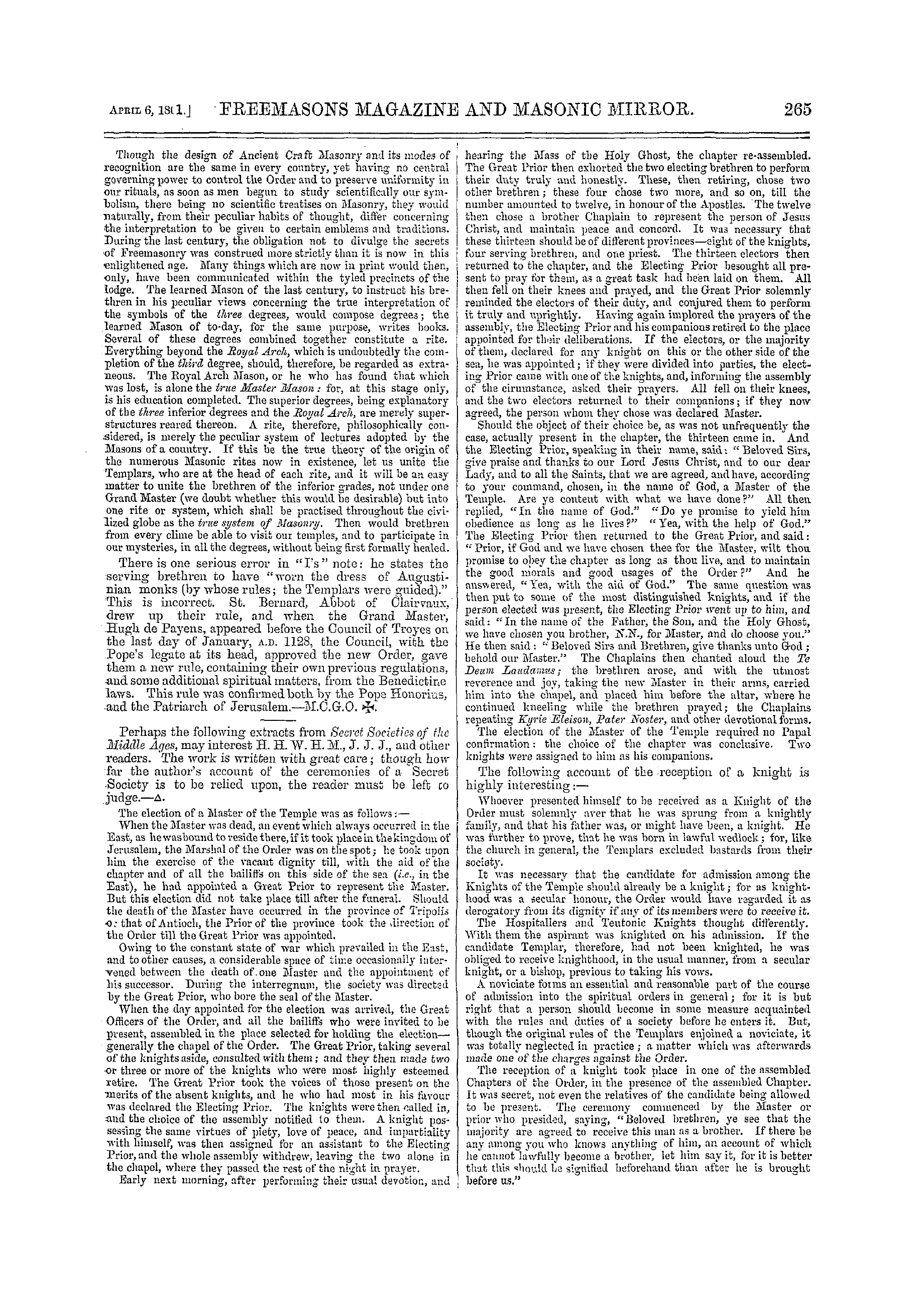 The Freemasons' Monthly Magazine: 1861-04-06 - Masonic Notes And Queries.