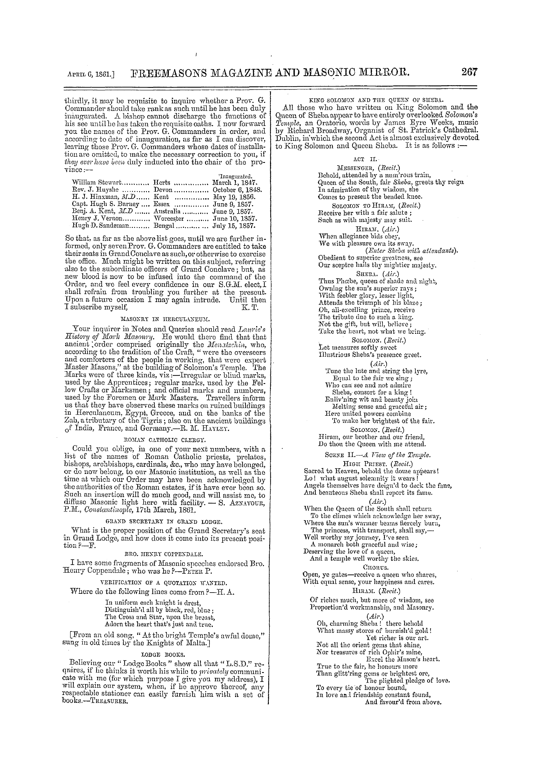 The Freemasons' Monthly Magazine: 1861-04-06 - Masonic Notes And Queries.