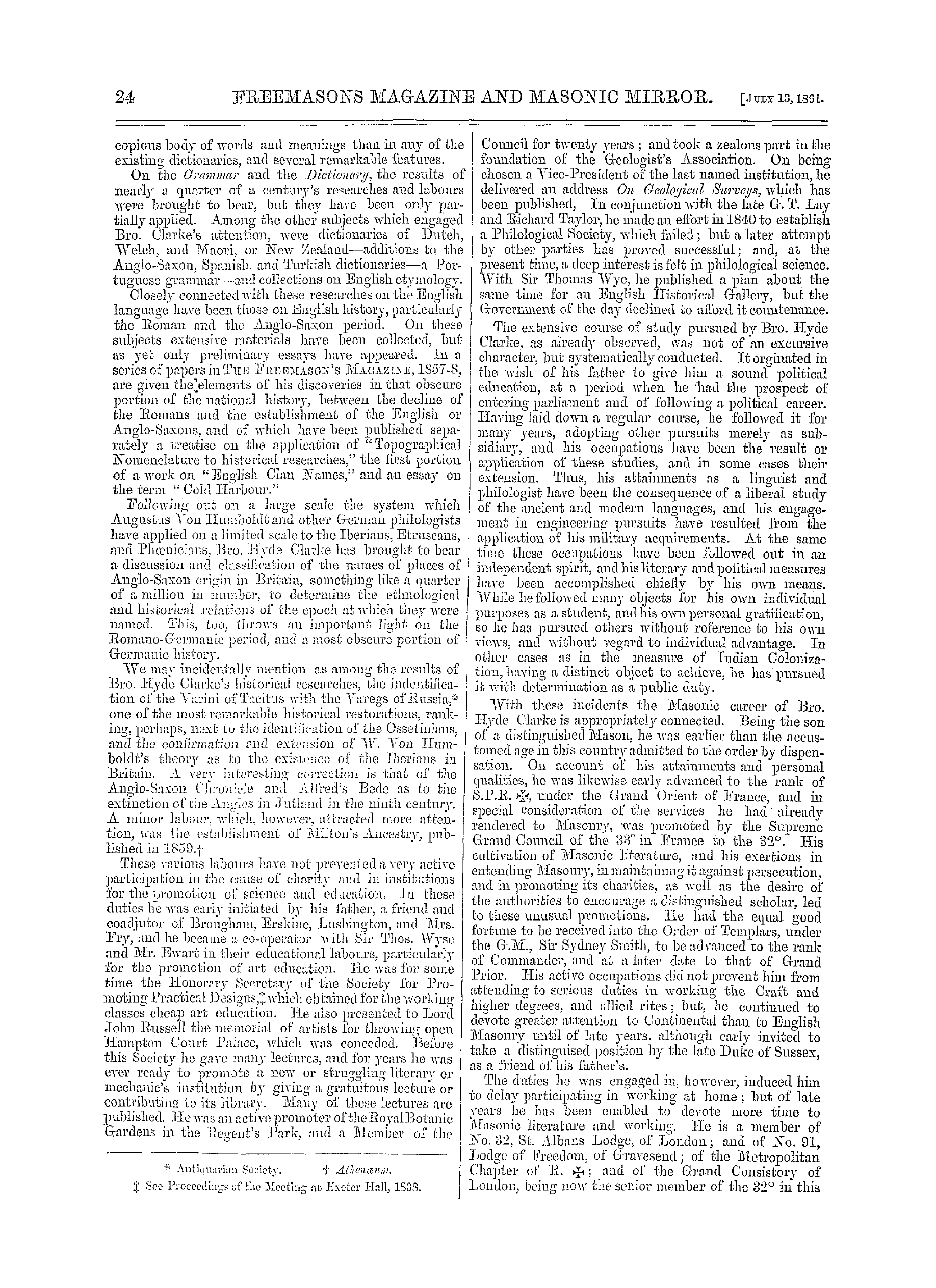 The Freemasons' Monthly Magazine: 1861-07-13 - Our Masonic Contemporaries.