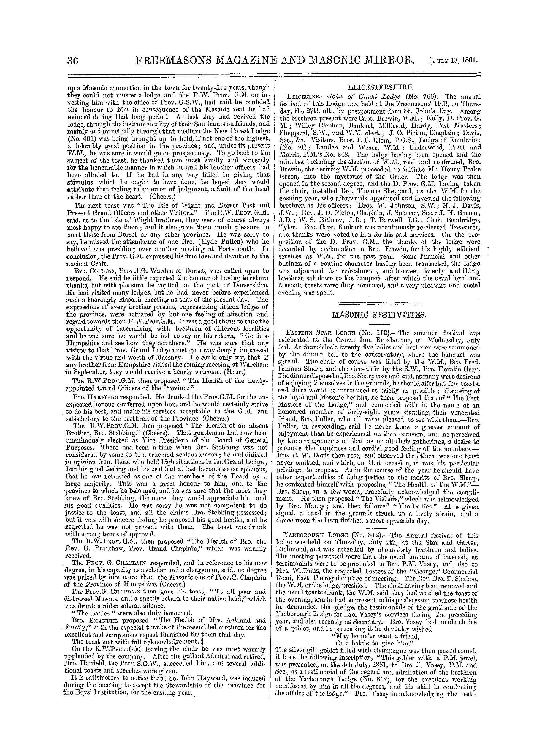 The Freemasons' Monthly Magazine: 1861-07-13 - Provincial.