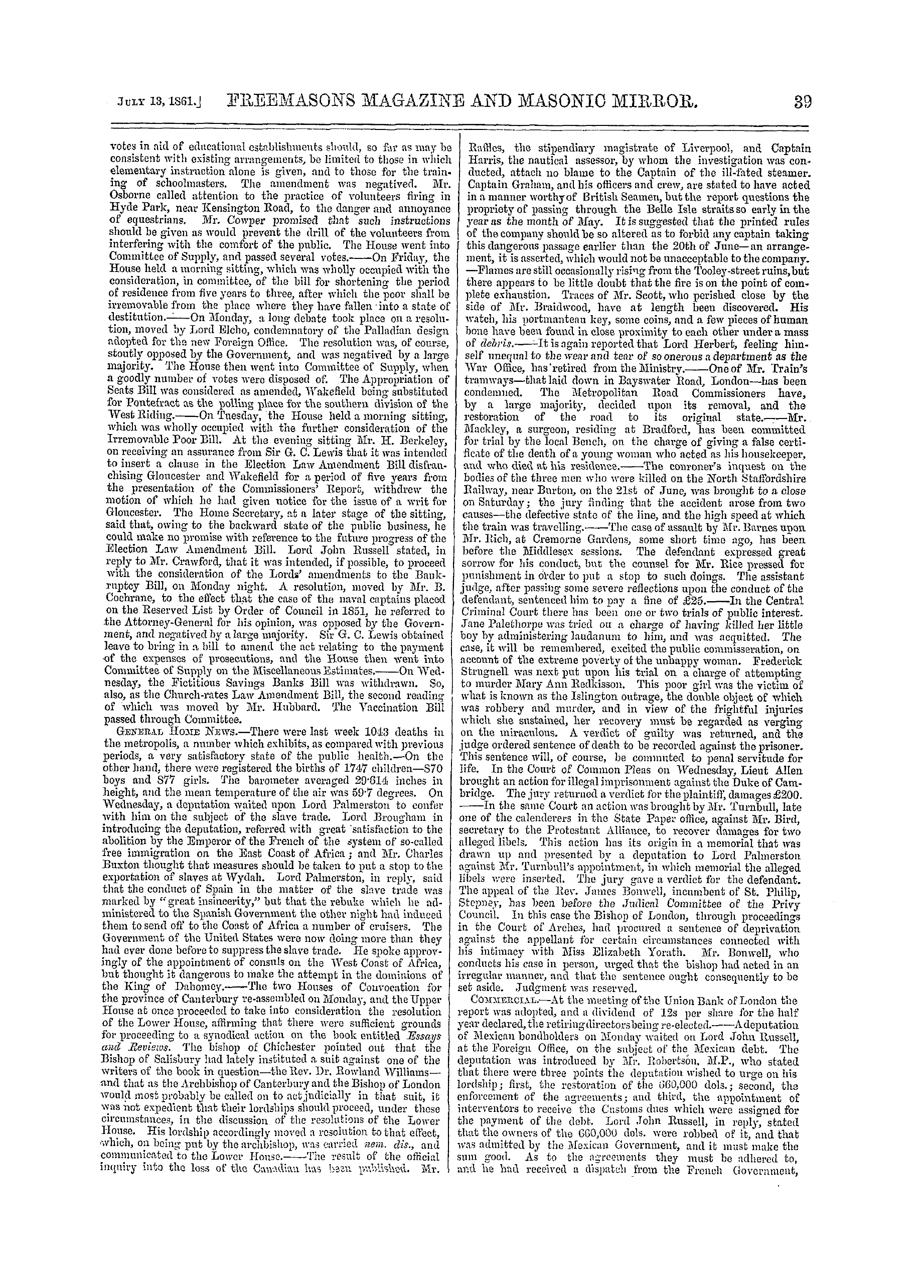 The Freemasons' Monthly Magazine: 1861-07-13 - The Week.