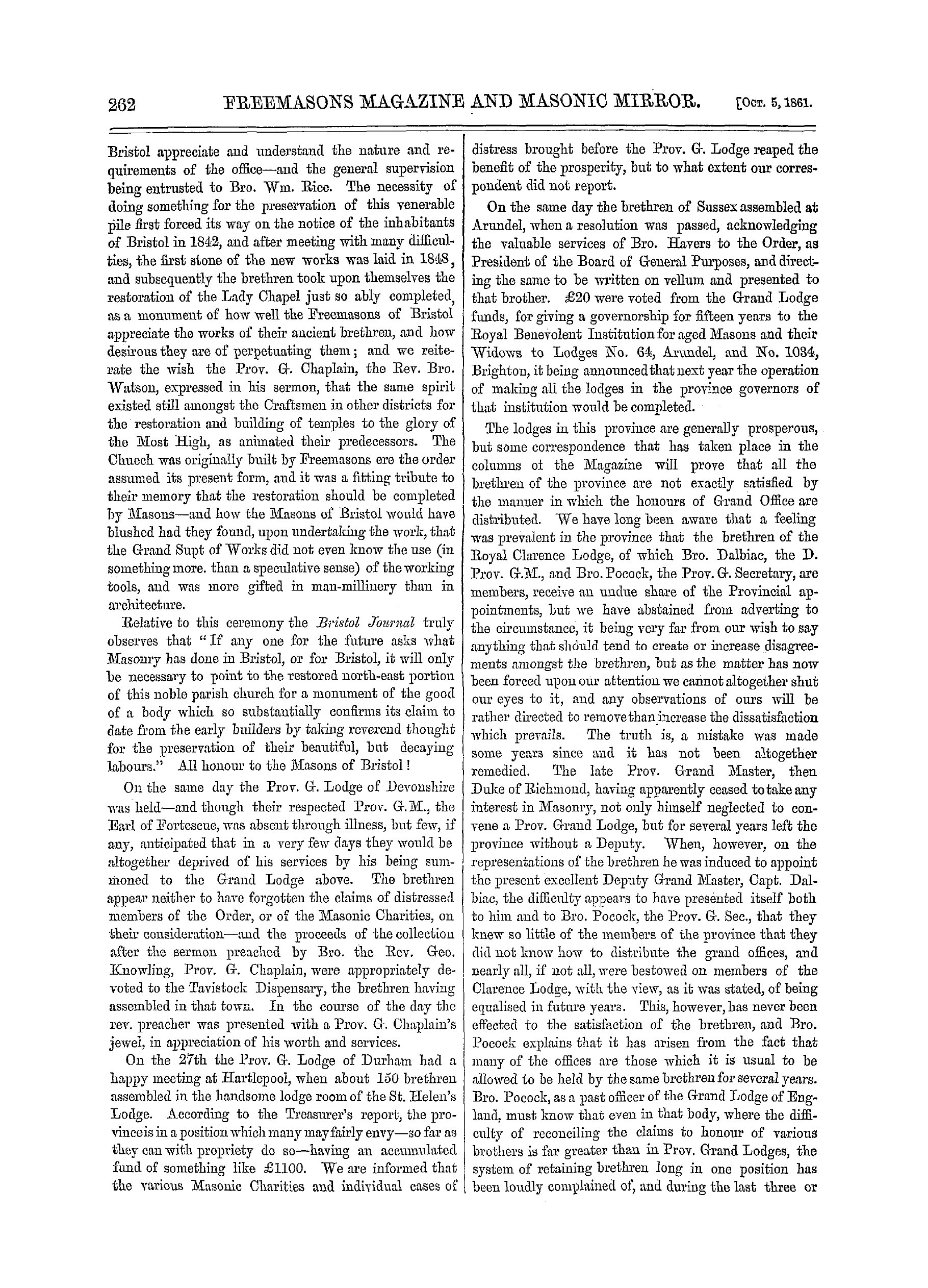 The Freemasons' Monthly Magazine: 1861-10-05 - Provincial Grand Lodges.