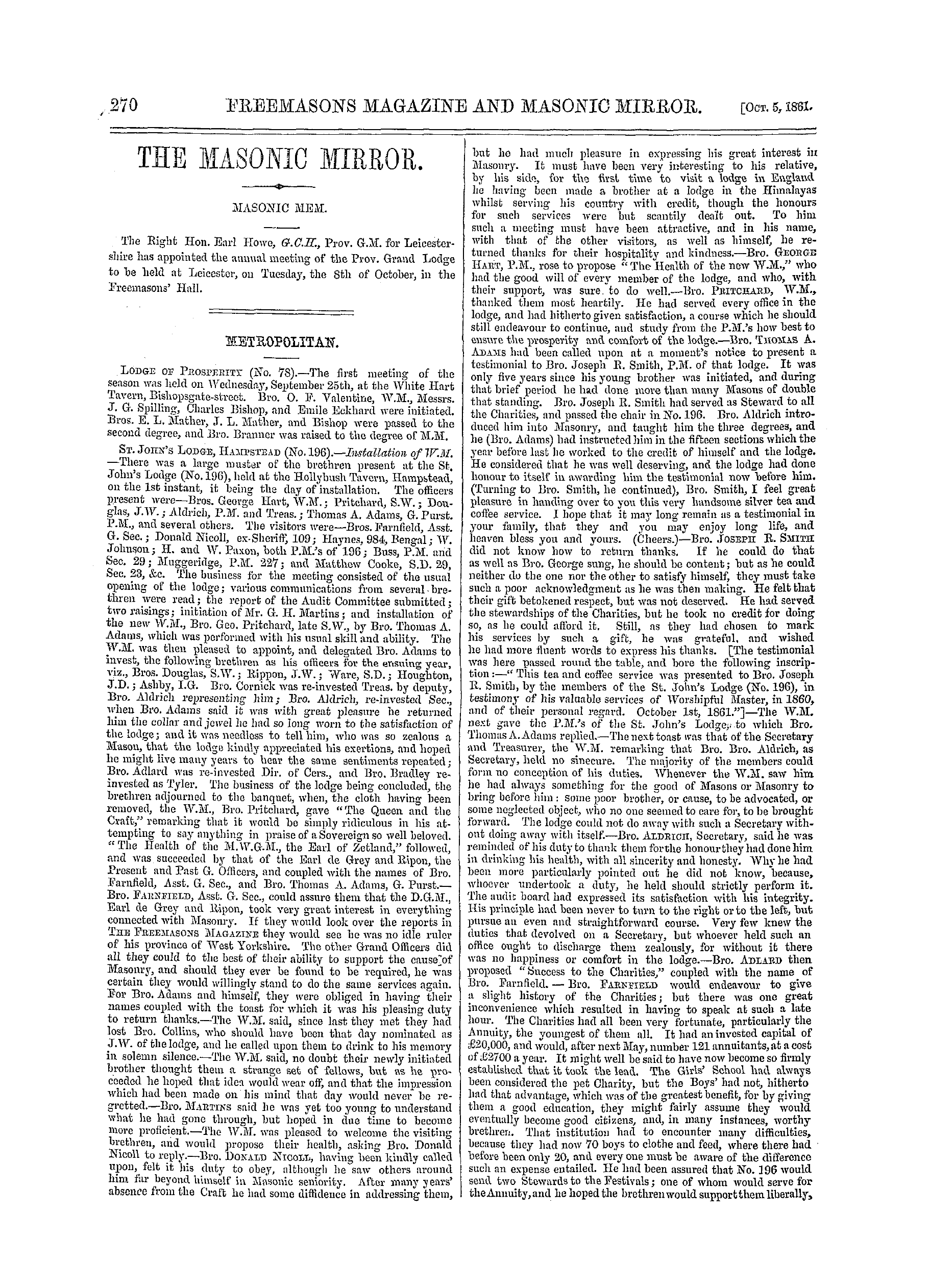 The Freemasons' Monthly Magazine: 1861-10-05 - Metropolitan.