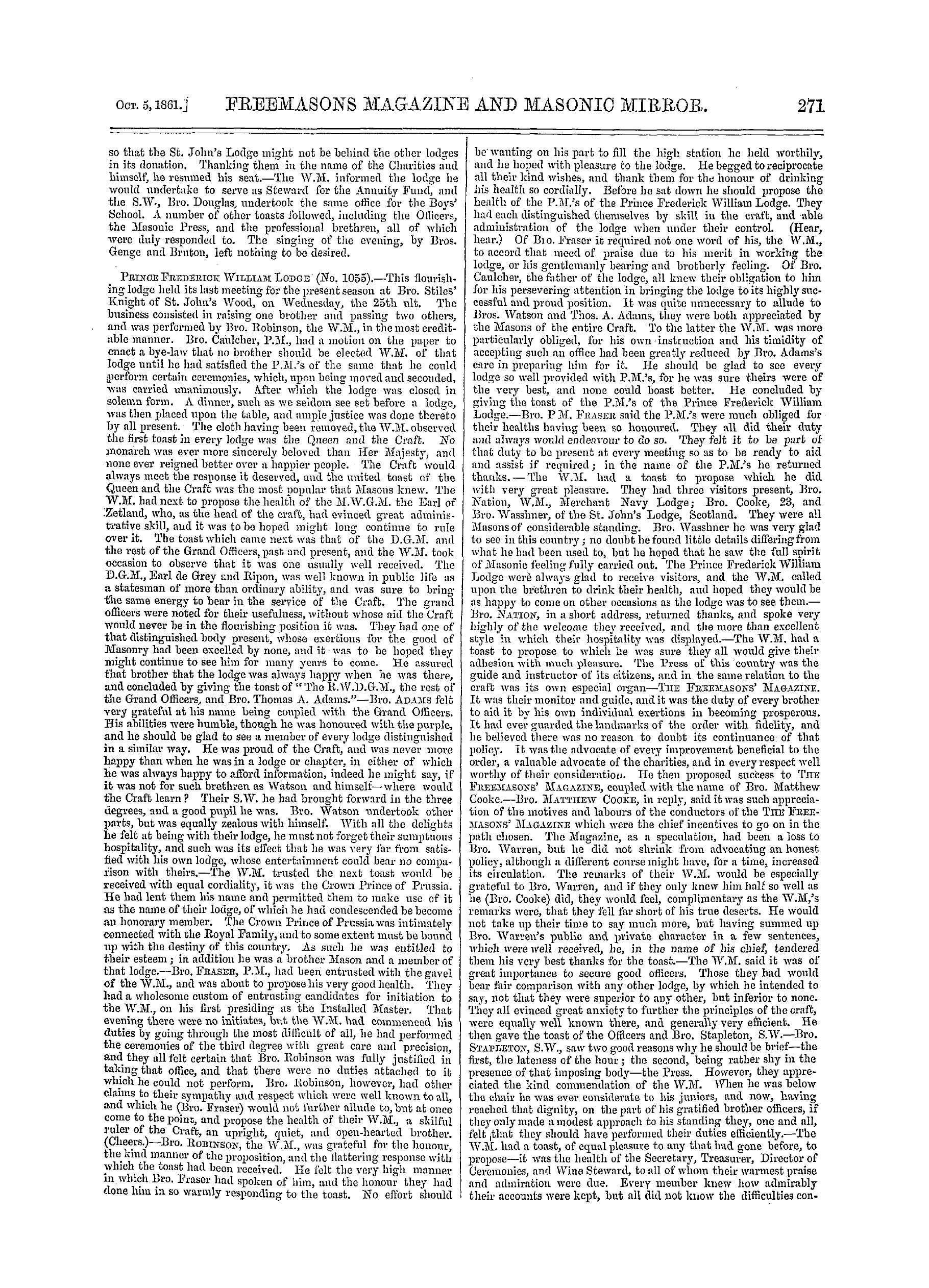 The Freemasons' Monthly Magazine: 1861-10-05 - Metropolitan.