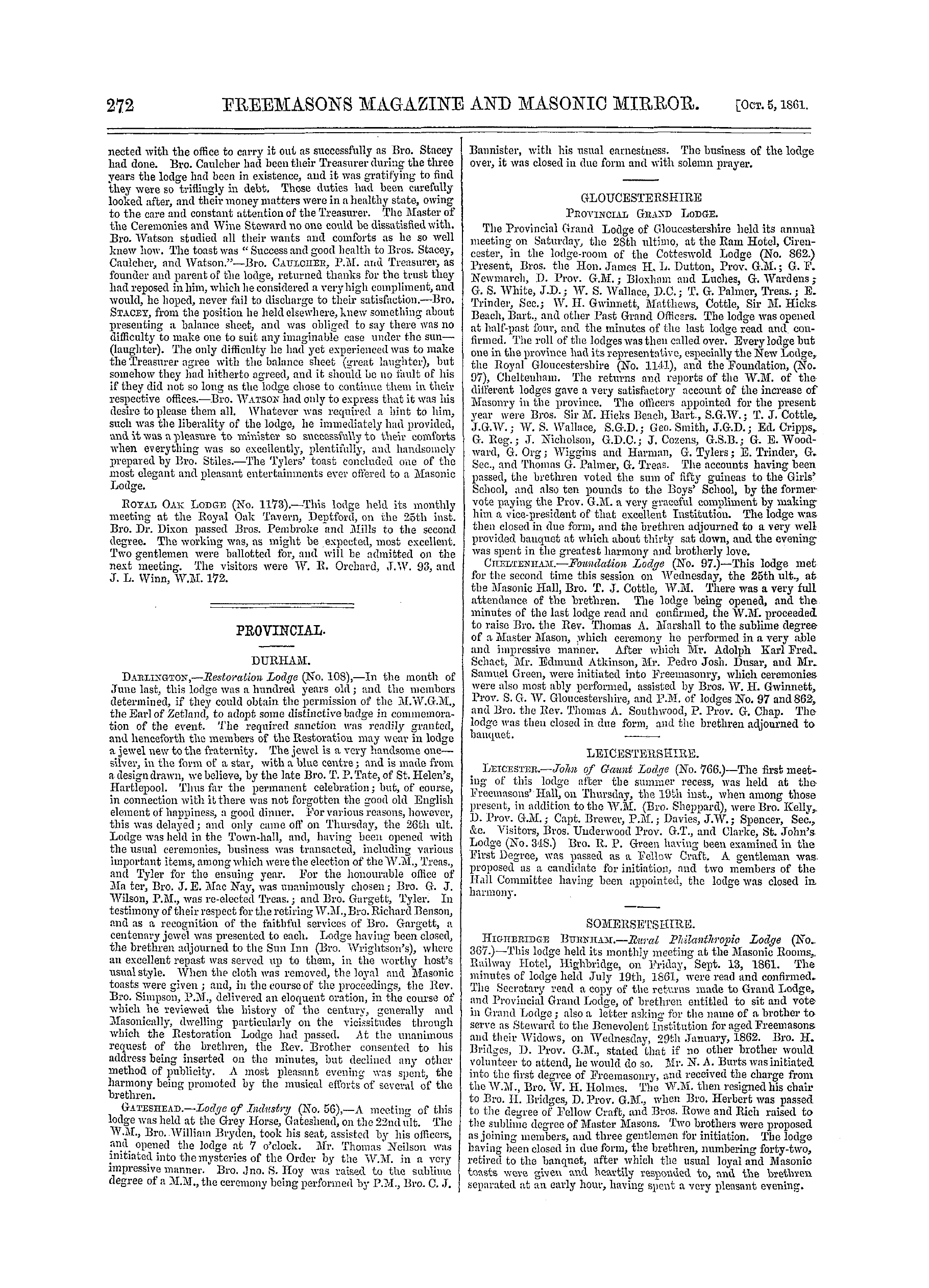 The Freemasons' Monthly Magazine: 1861-10-05 - Metropolitan.