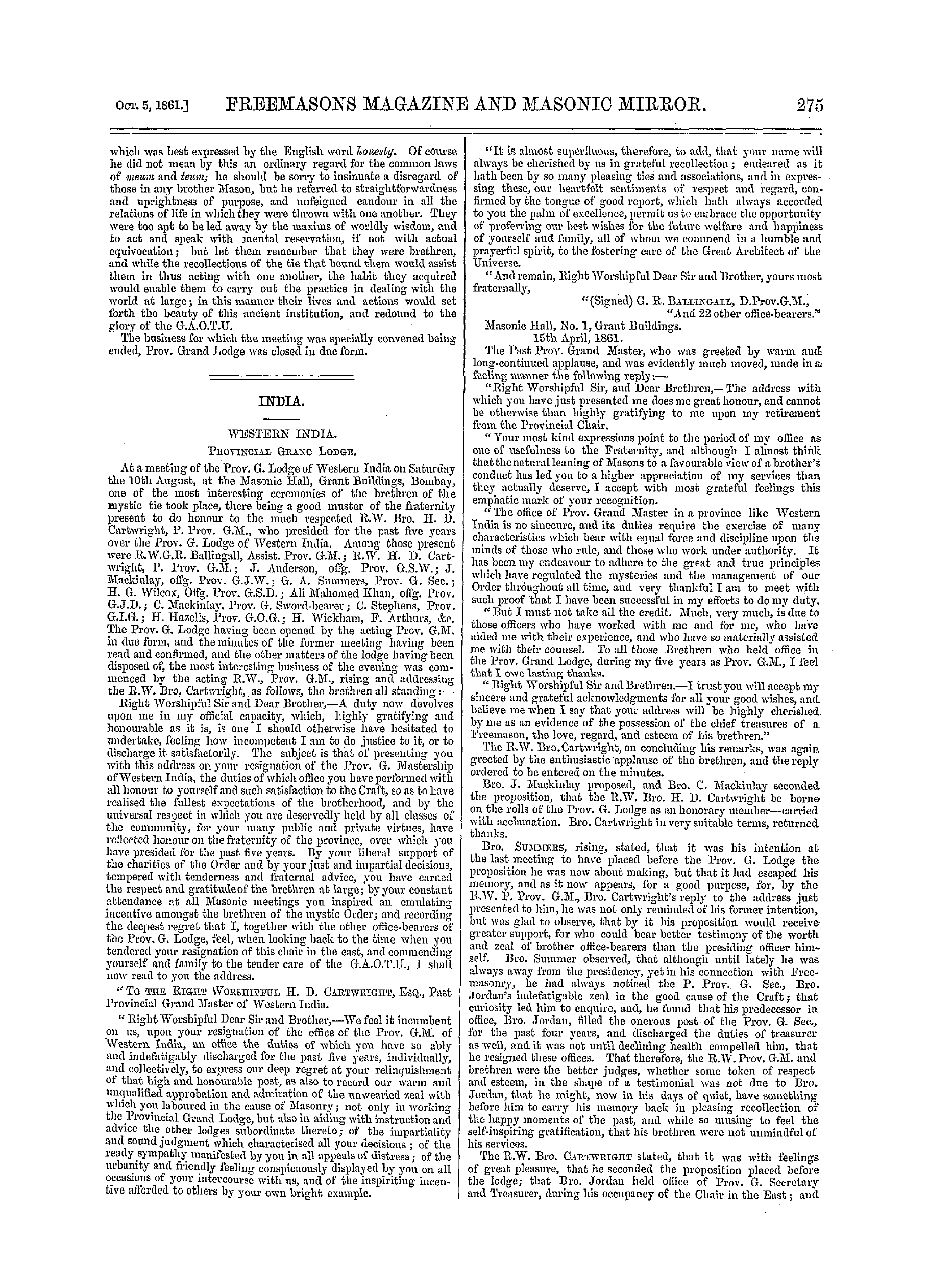 The Freemasons' Monthly Magazine: 1861-10-05 - Colonial.