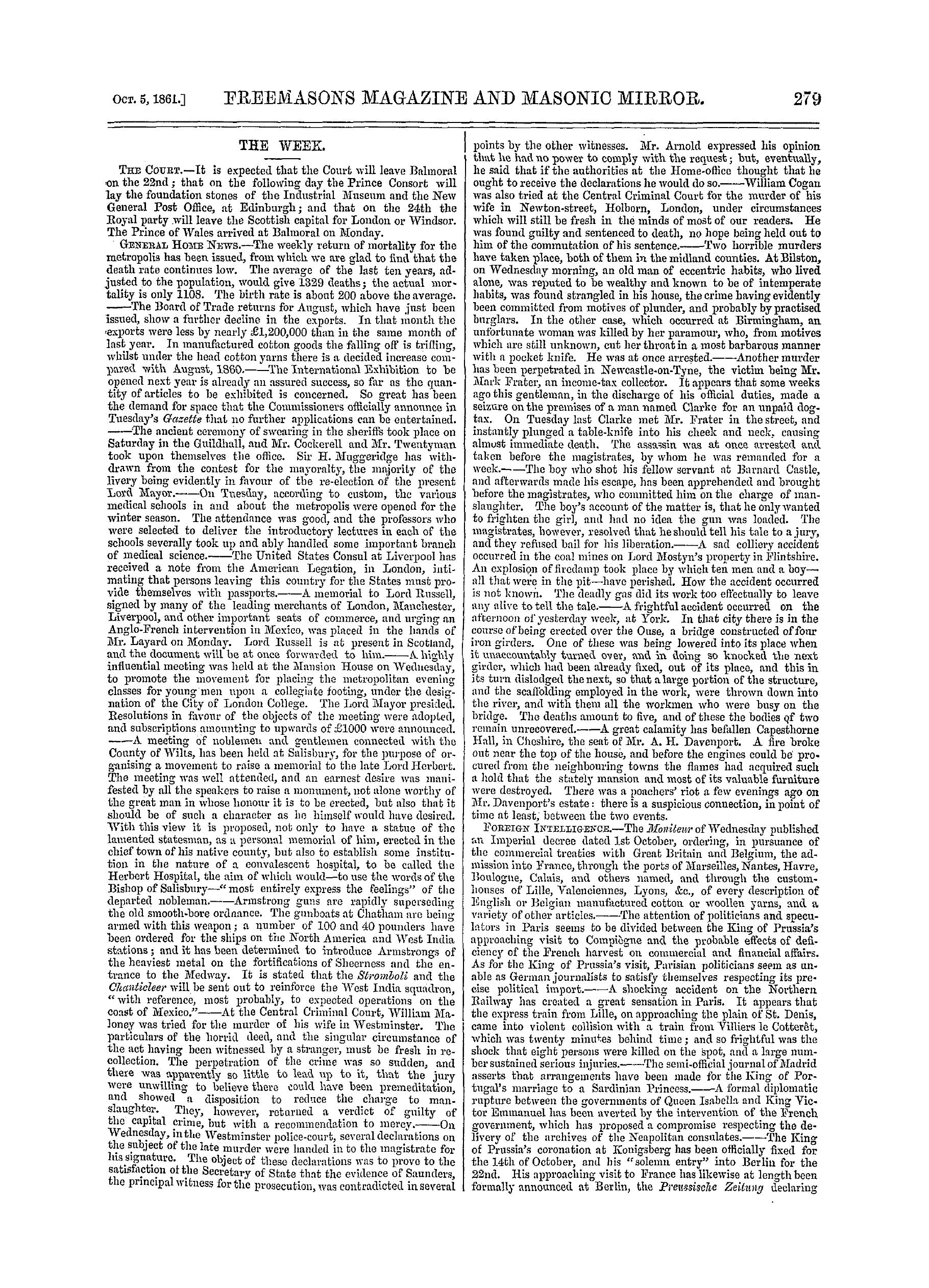 The Freemasons' Monthly Magazine: 1861-10-05 - The Week.