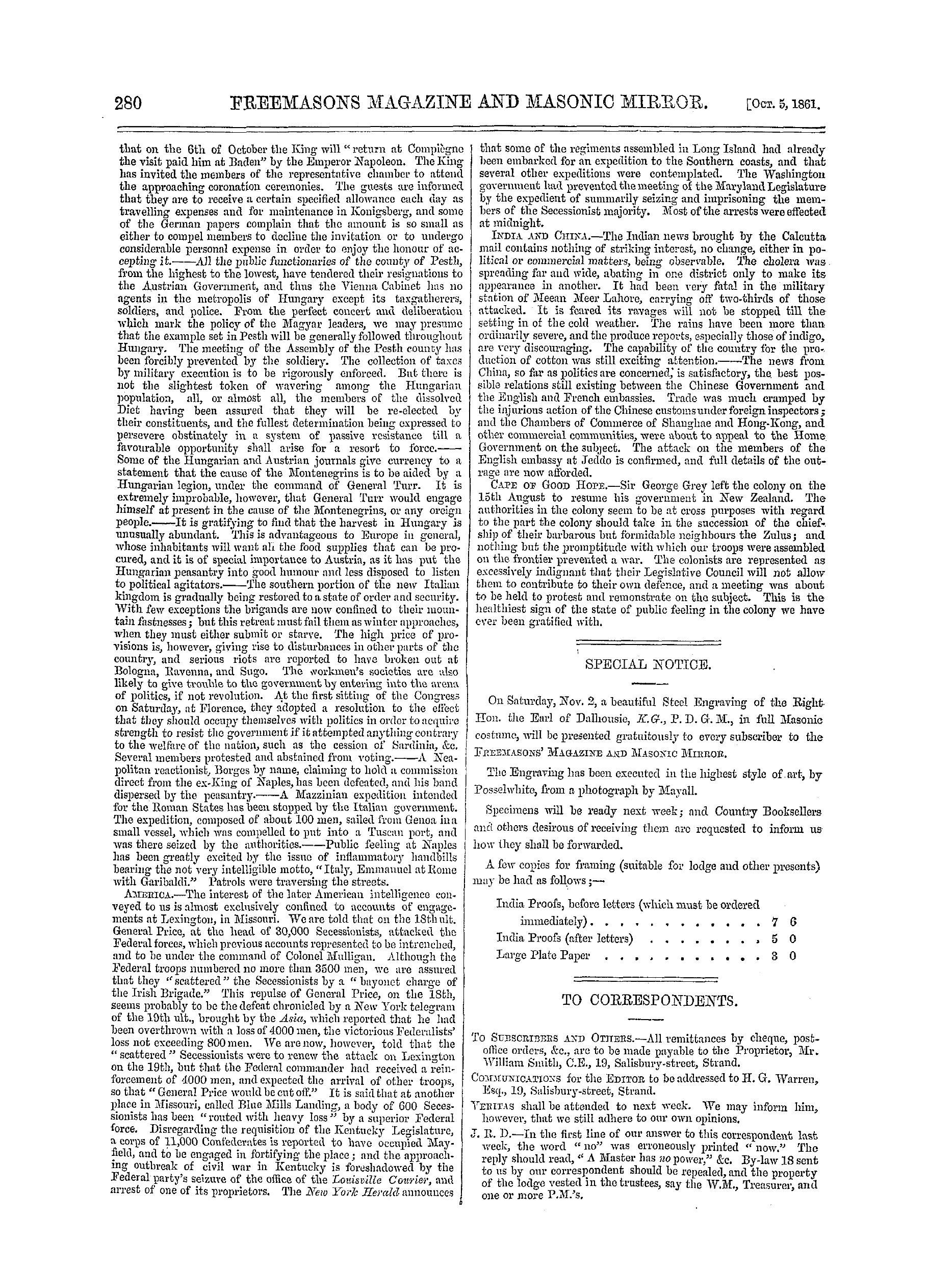 The Freemasons' Monthly Magazine: 1861-10-05 - The Week.