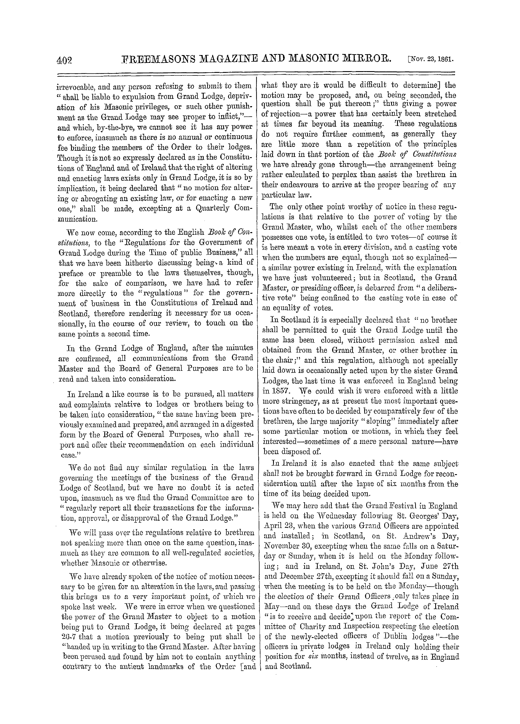 The Freemasons' Monthly Magazine: 1861-11-23 - Constitutions Of Freemasonry.