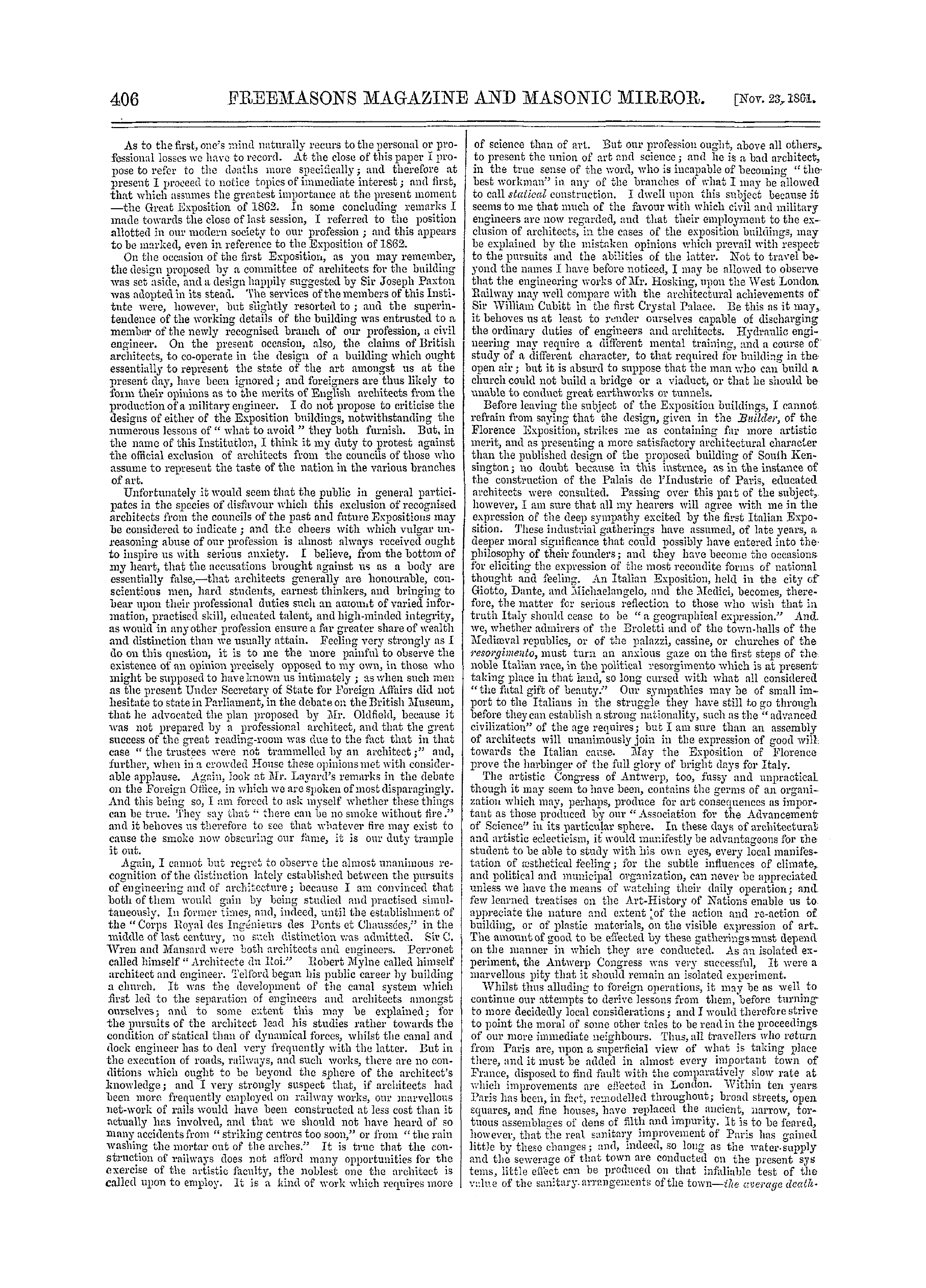 The Freemasons' Monthly Magazine: 1861-11-23 - Current Topics.*